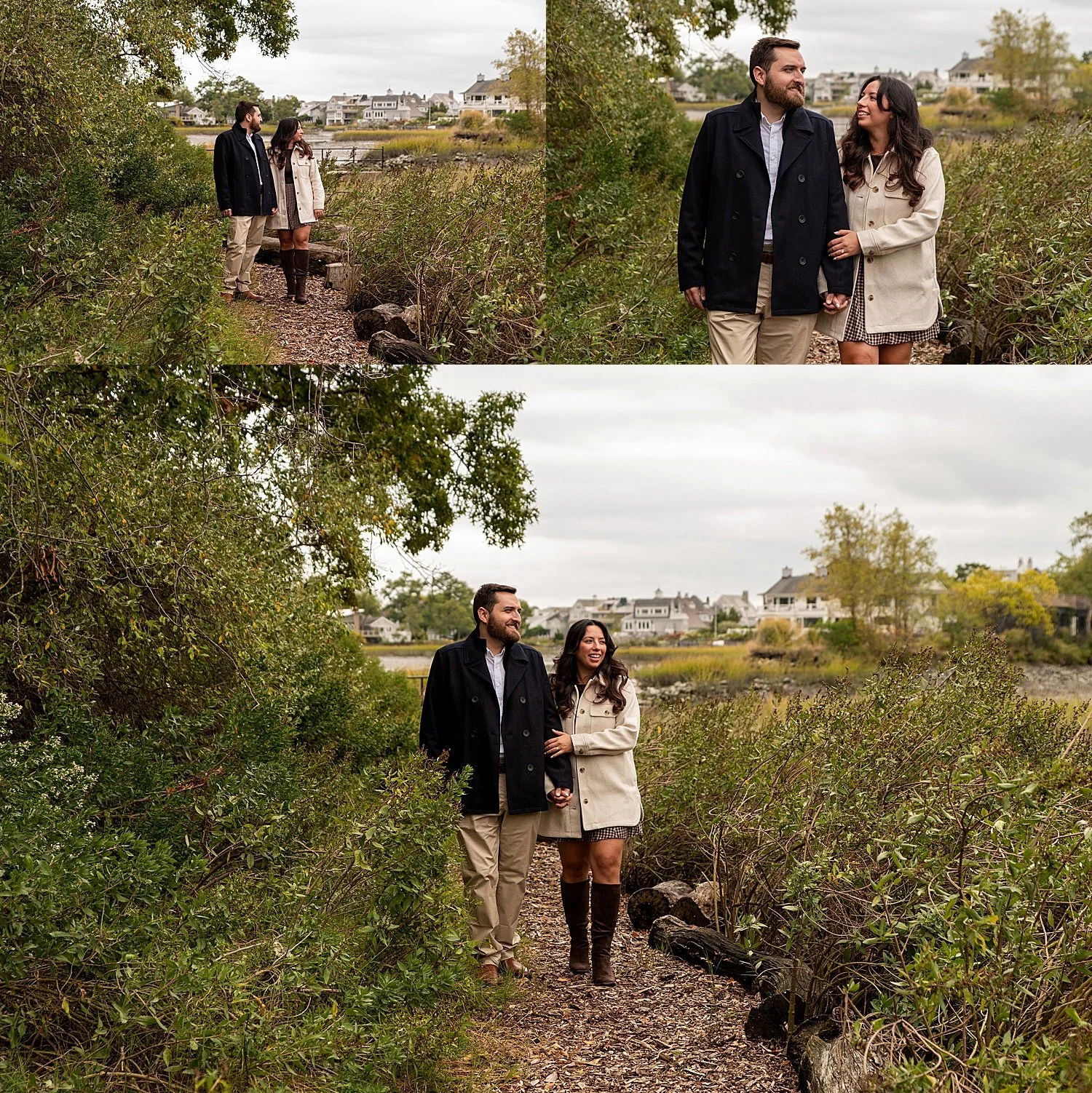 Couple walking hand-in-hand along a scenic trail in Fairfield County after engagement
