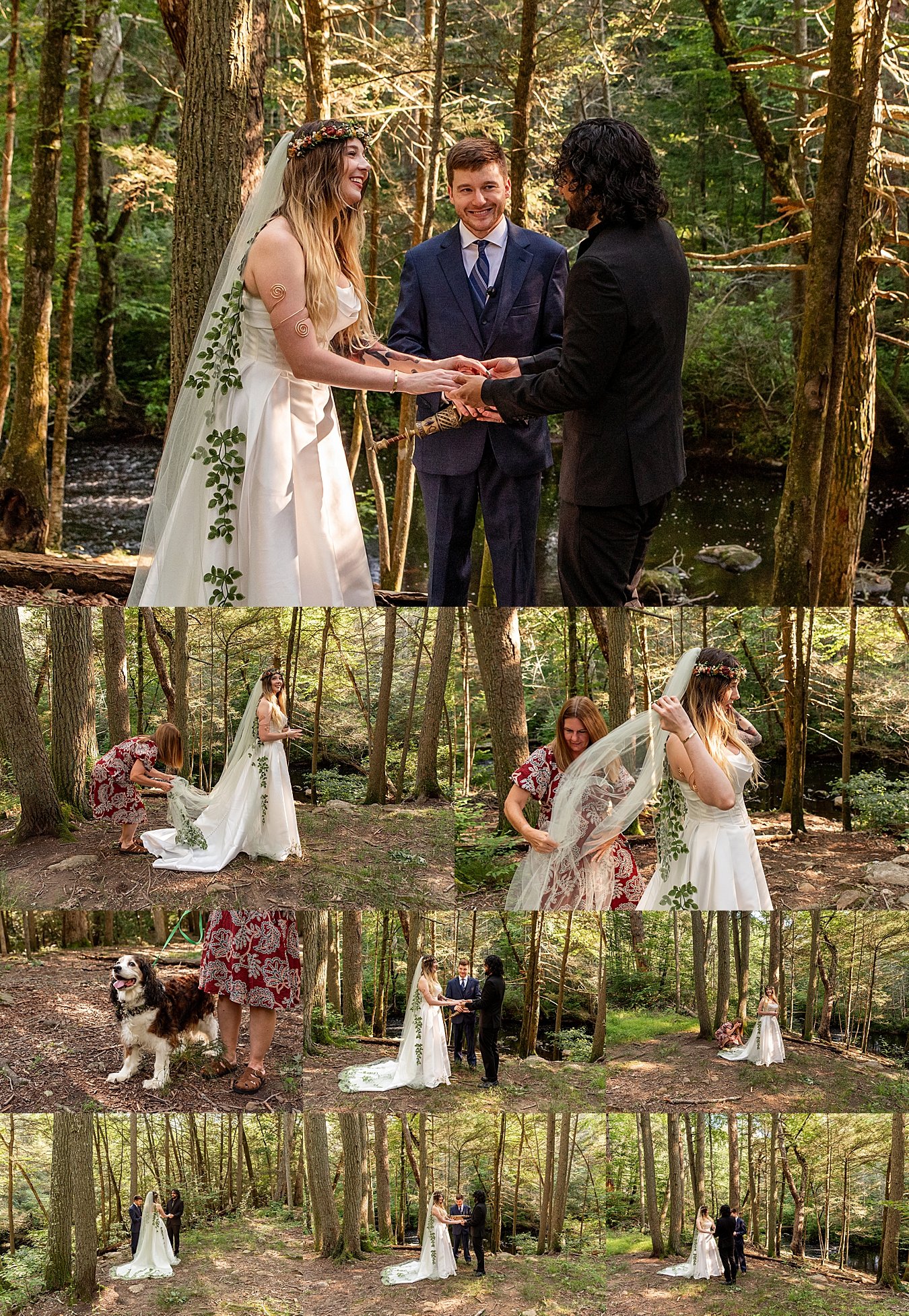 Elopement couple walking hand in hand under towering pine trees at Peoples State Forest in Barkhamsted CT.