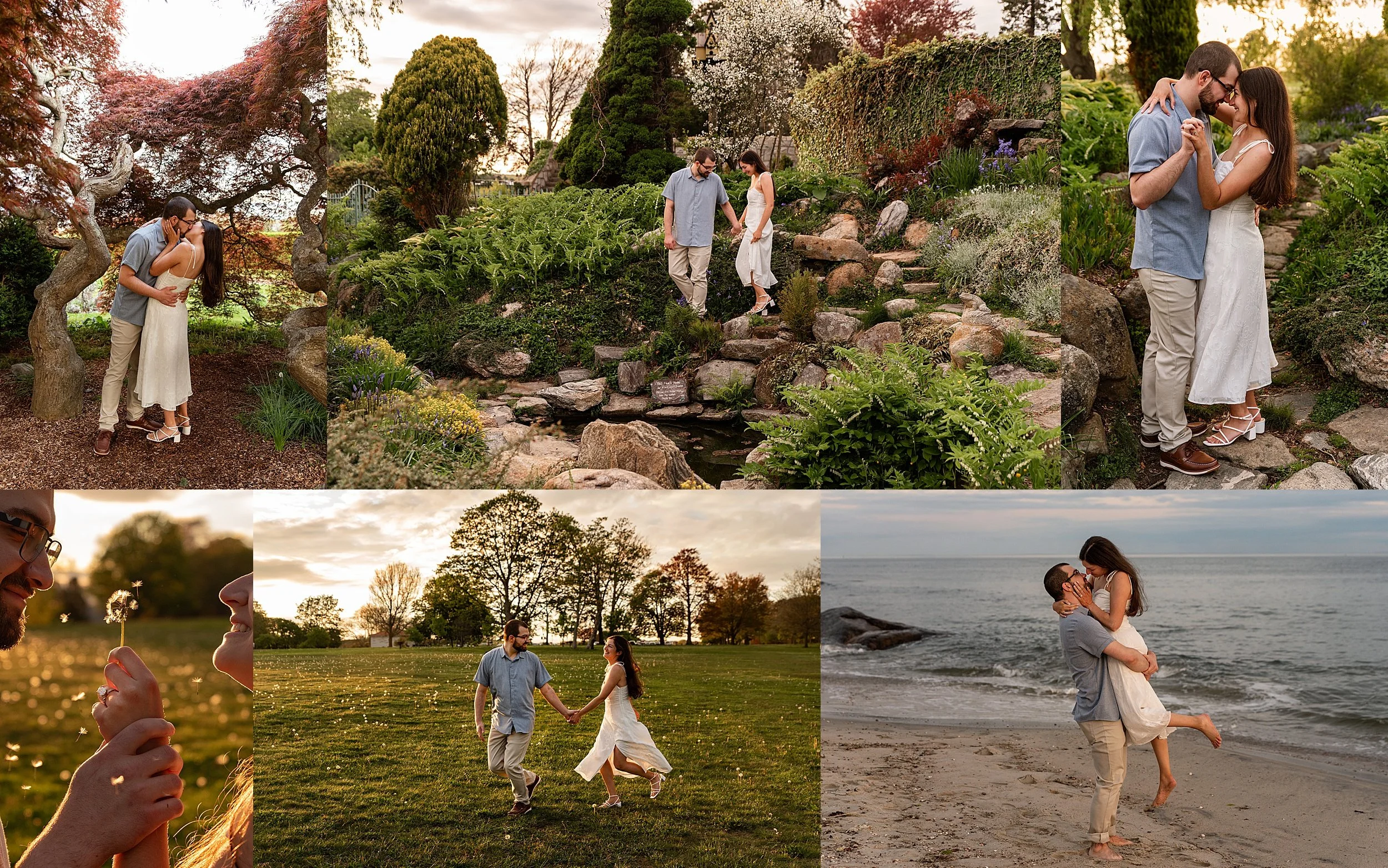 surprise engagement photographer in Connecticut captures young couple running hand in hand through a field at sunset and embracing each other on the beach during golden hour