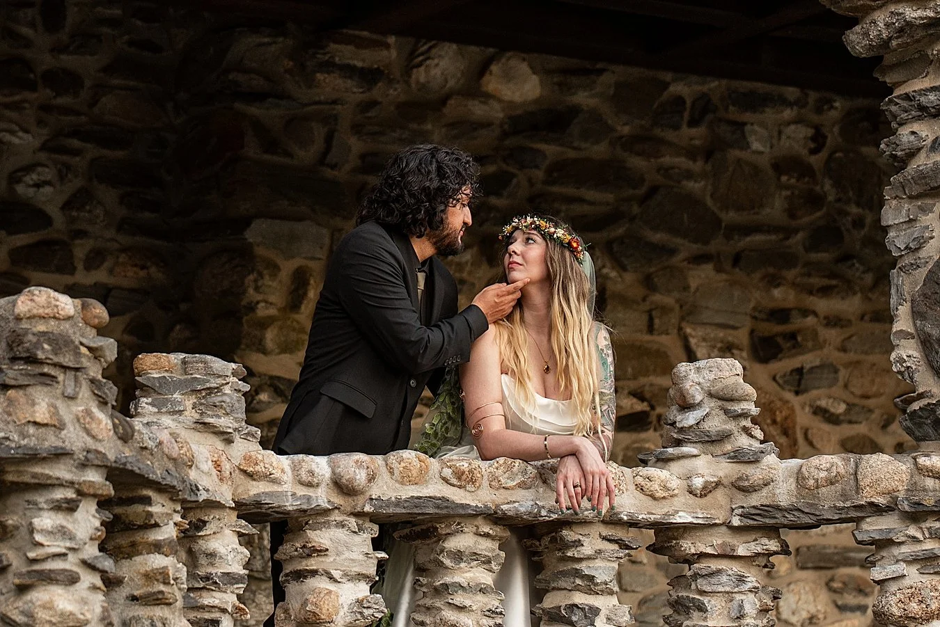 bride and groom on terrace of Gillette Castle