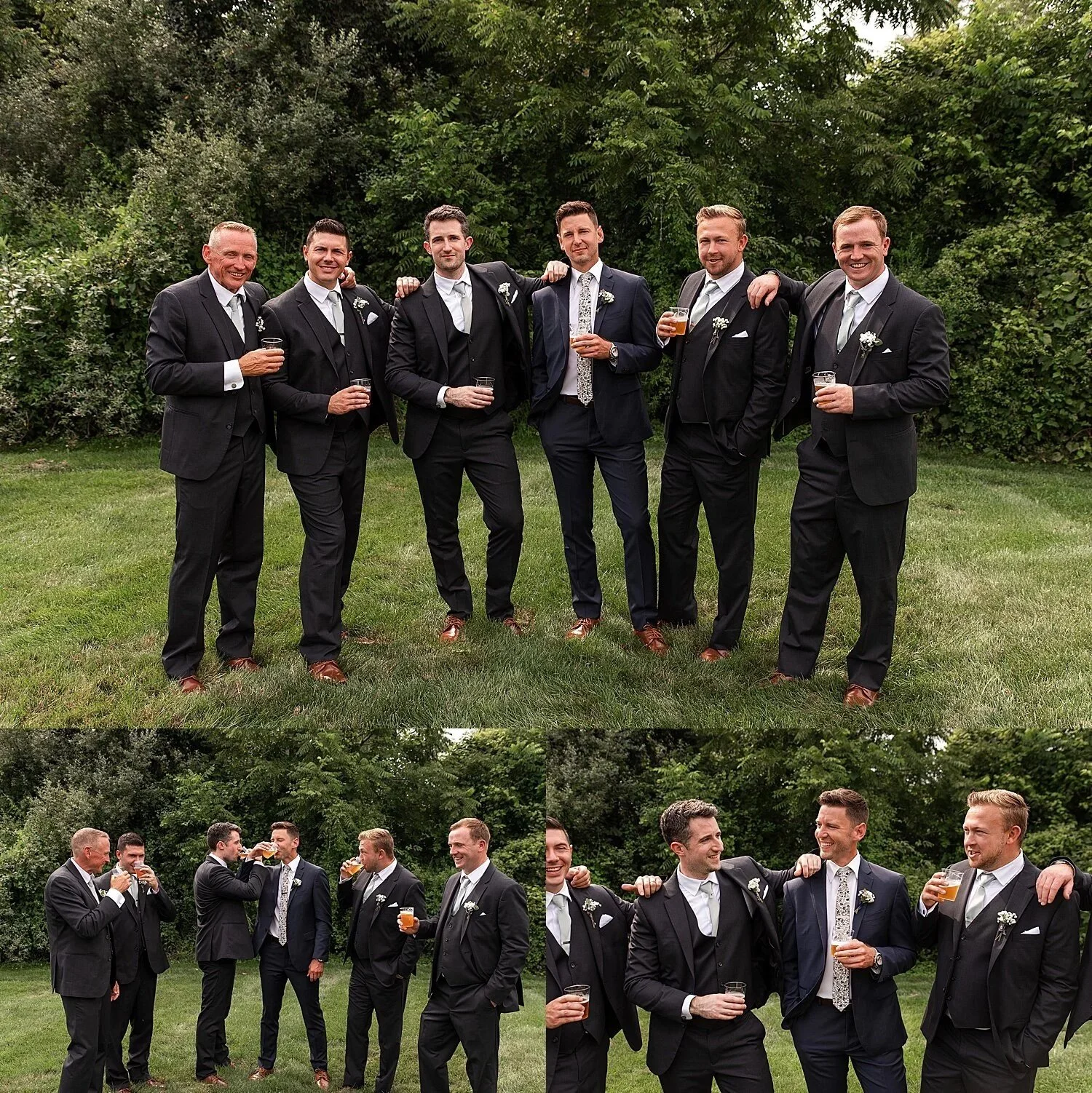 Groom and groomsmen portraits on the lawn of The Barns at Wesleyan Hills