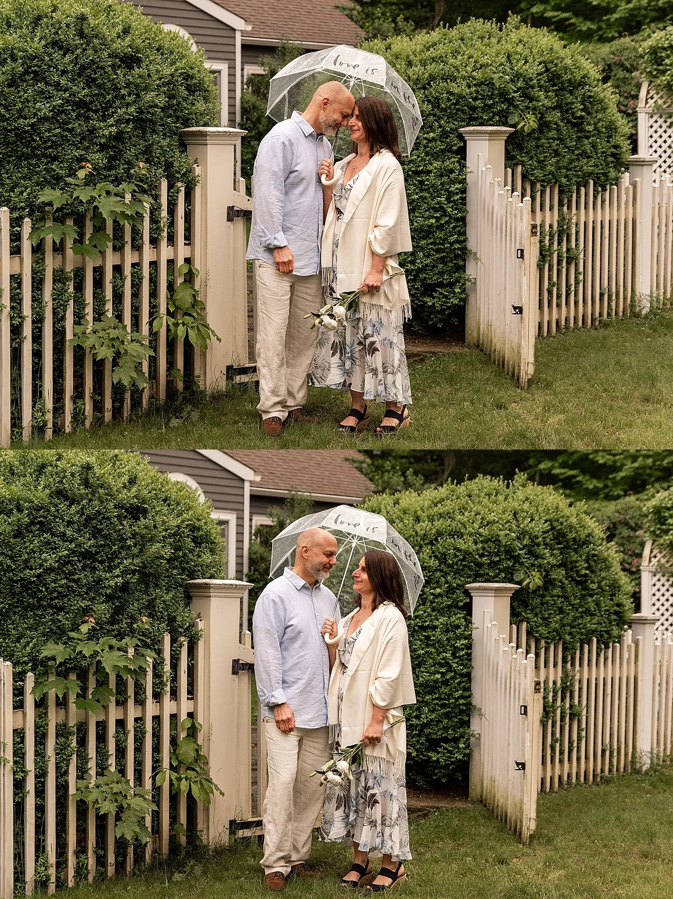 bride and groom in front of fence during their backyard wedding in Connecticut