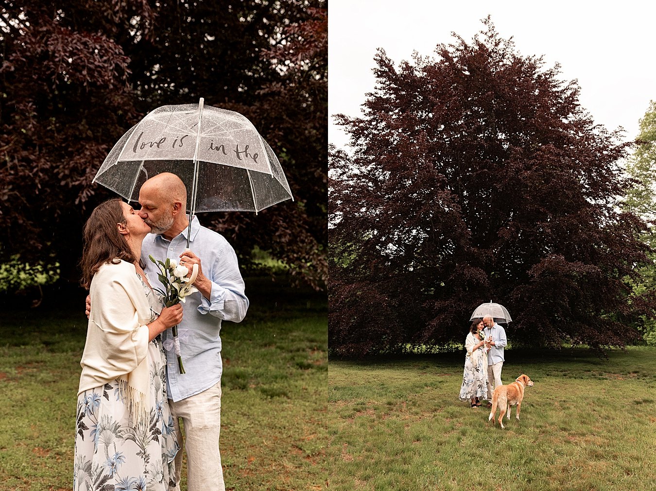 couple kiss under umbrella captured by CT backyard wedding photographer