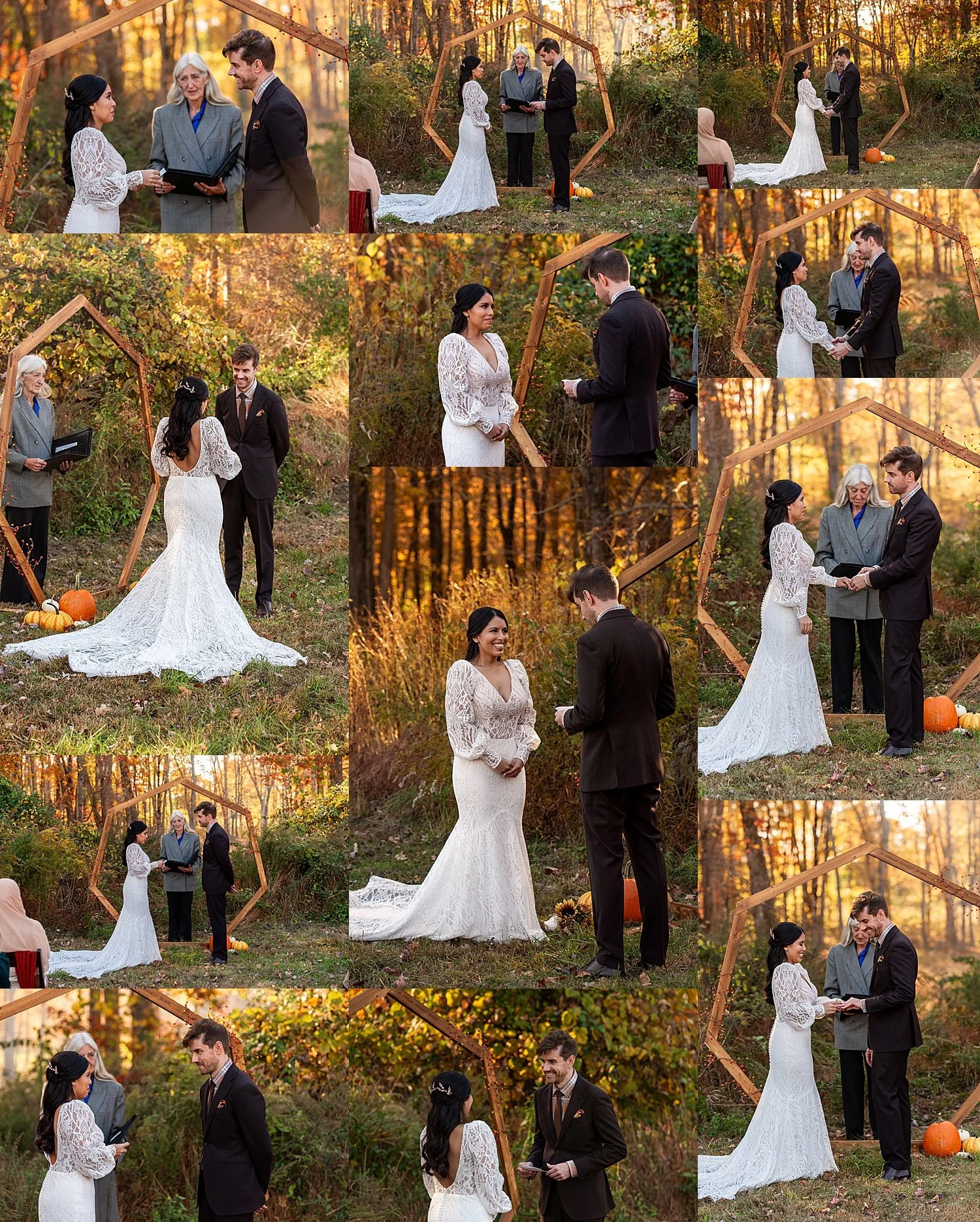 bride and groom exchange vows and first kiss during sunset in October wedding in New England
