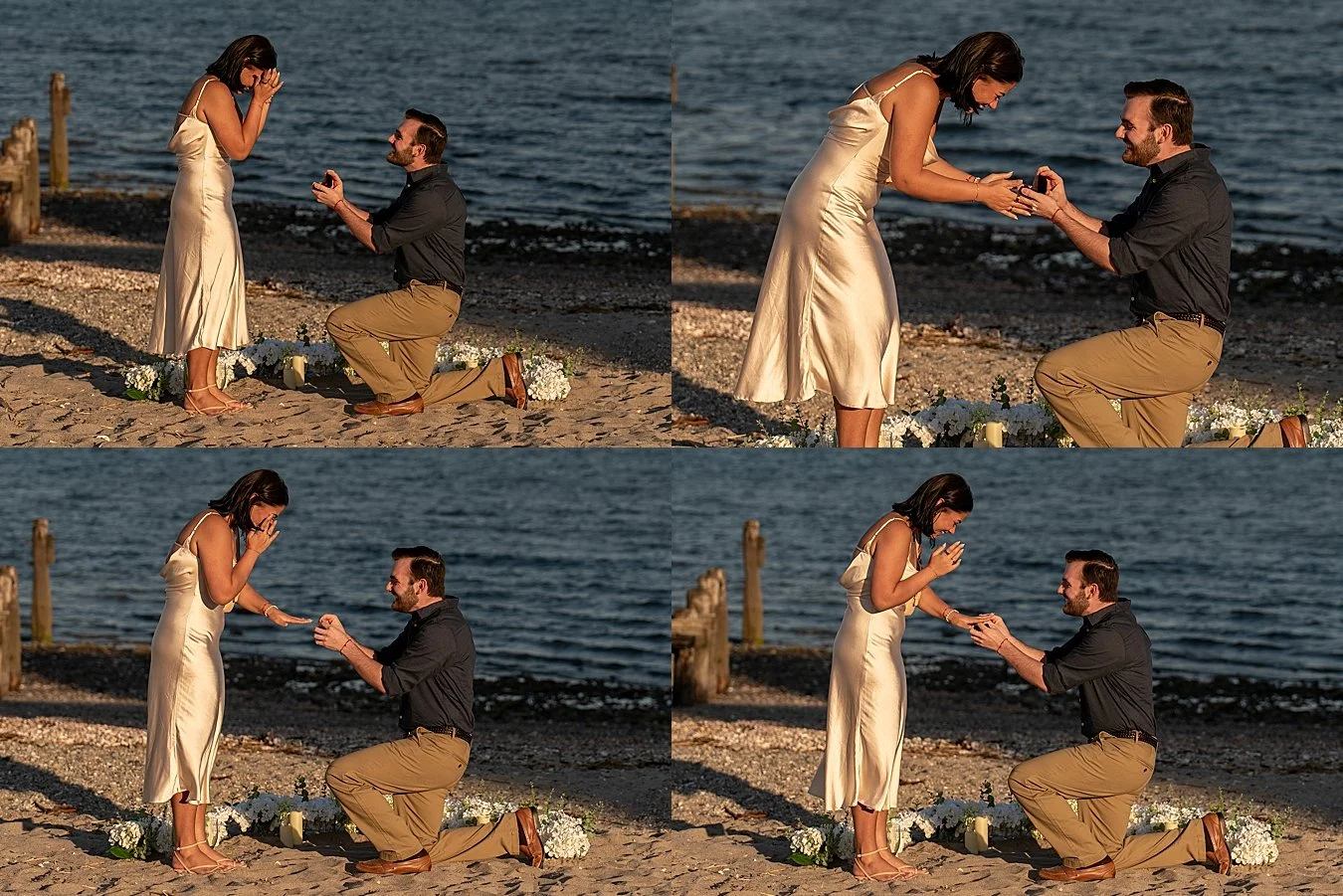 Close-up of a couple hugging on the beach after a surprise engagement in Milford, Connecticut.
