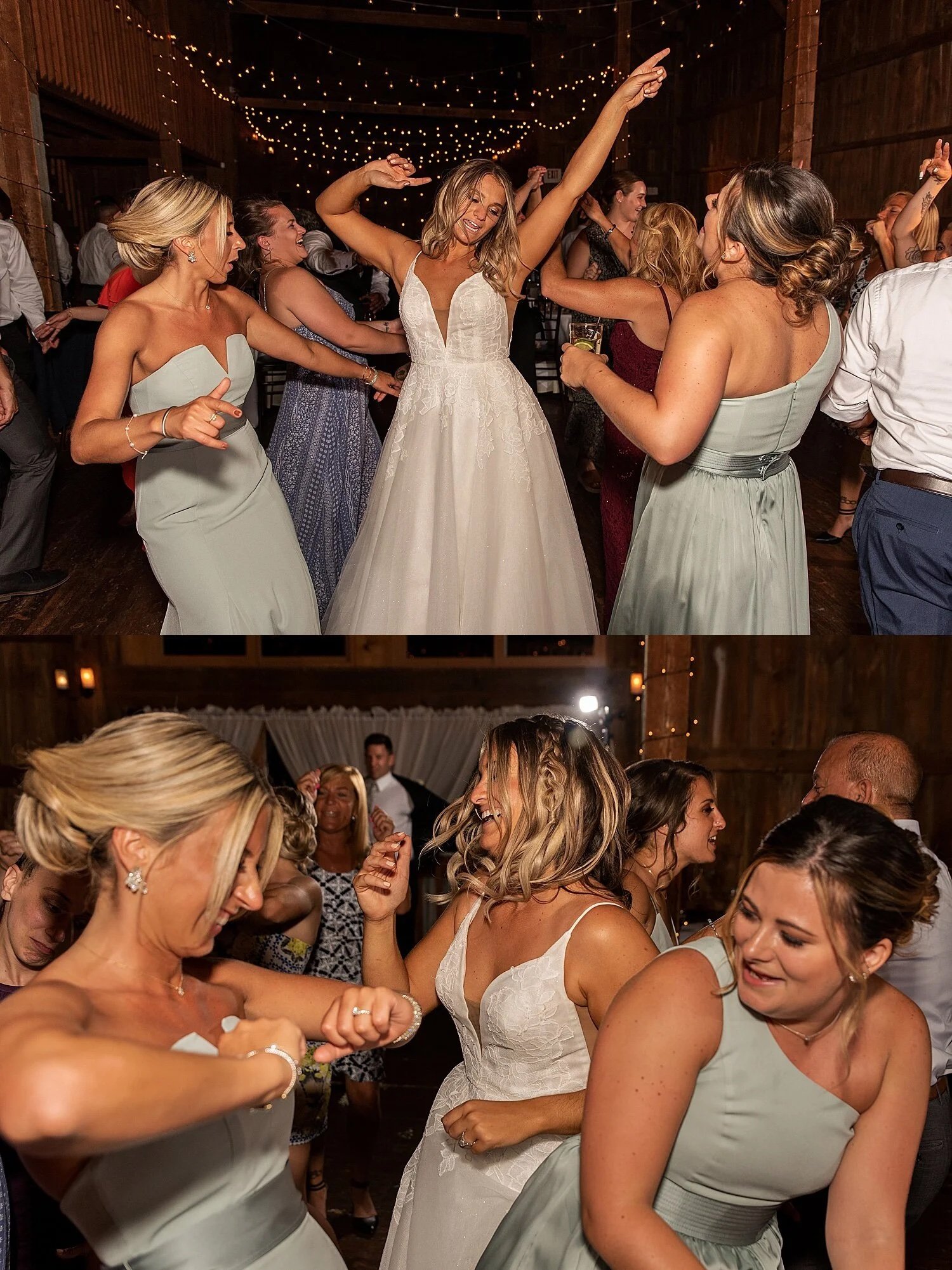 bride dancing with bridesmaids at The Barns wedding reception middletown Ct