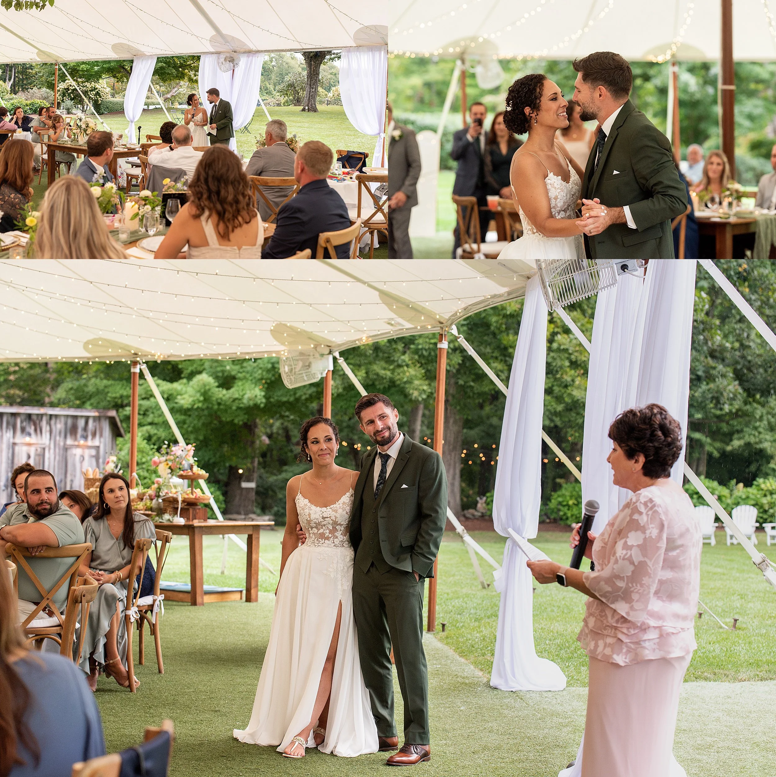 Emotional wedding toasts and the couple's first dance under a beautifully lit sailcloth tent reception.