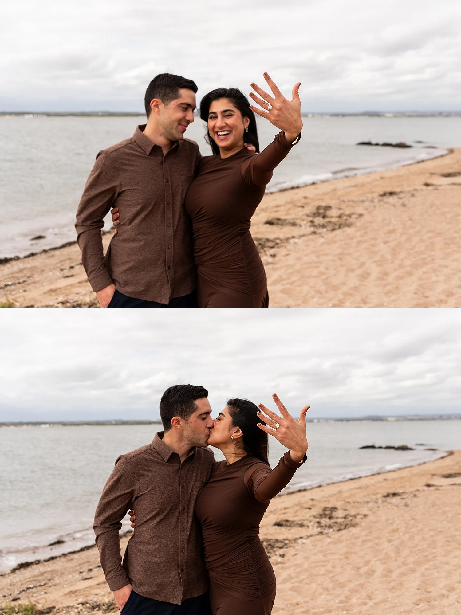 showing off engagement ring at connecticut proposal photo shoot