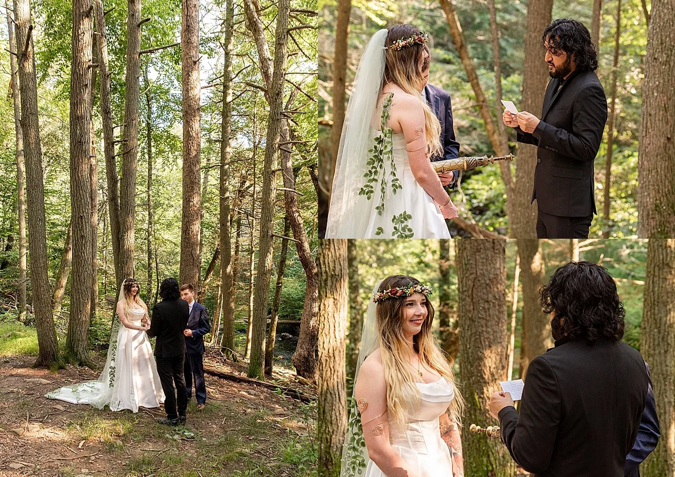 Photojournalistic portrait of a couple exchanging vows on a rocky cliff overlook at Sleeping Giant State Park.
