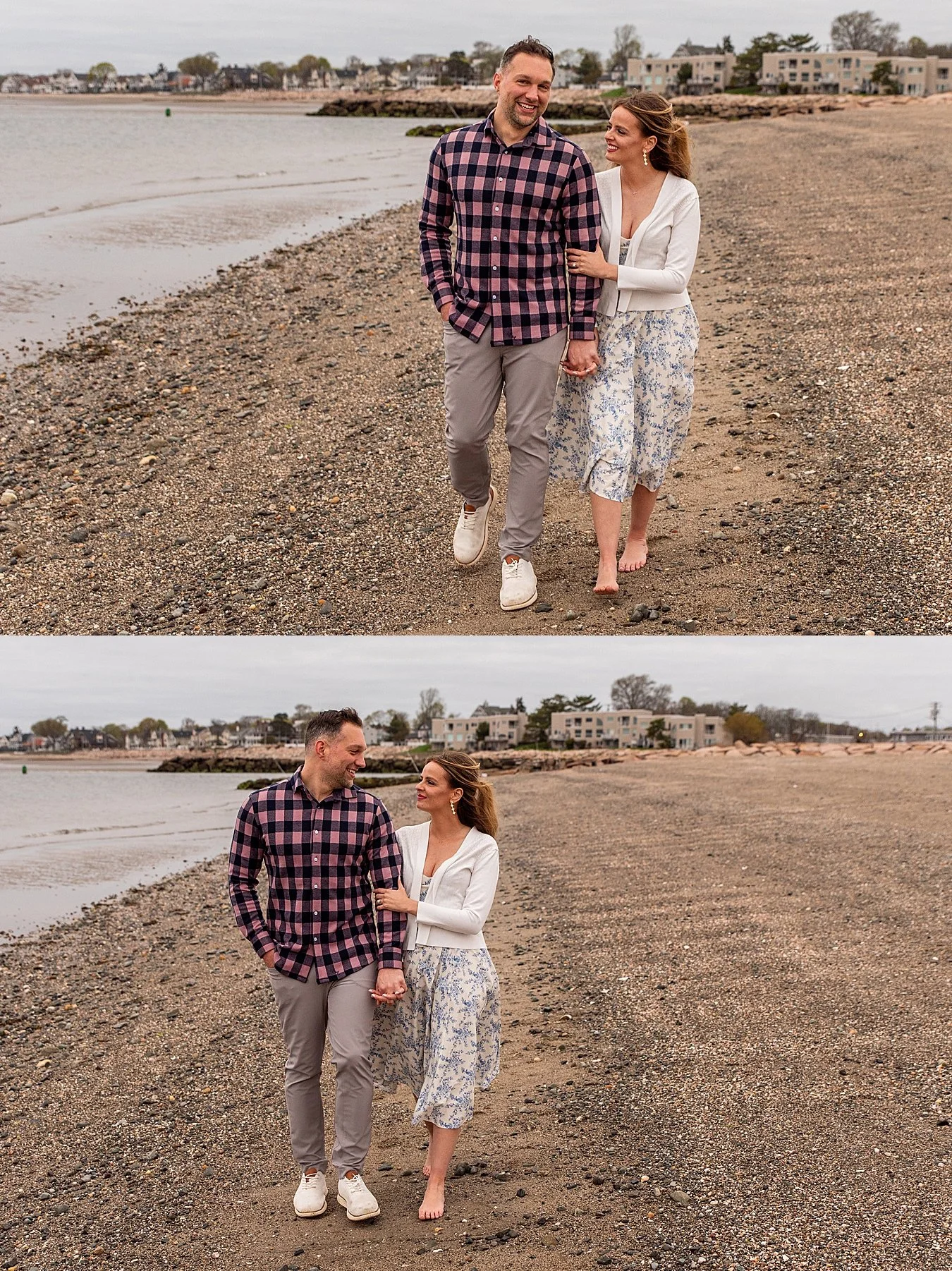 A couple walking along the sandbar toward Charles Island after a beach proposal.