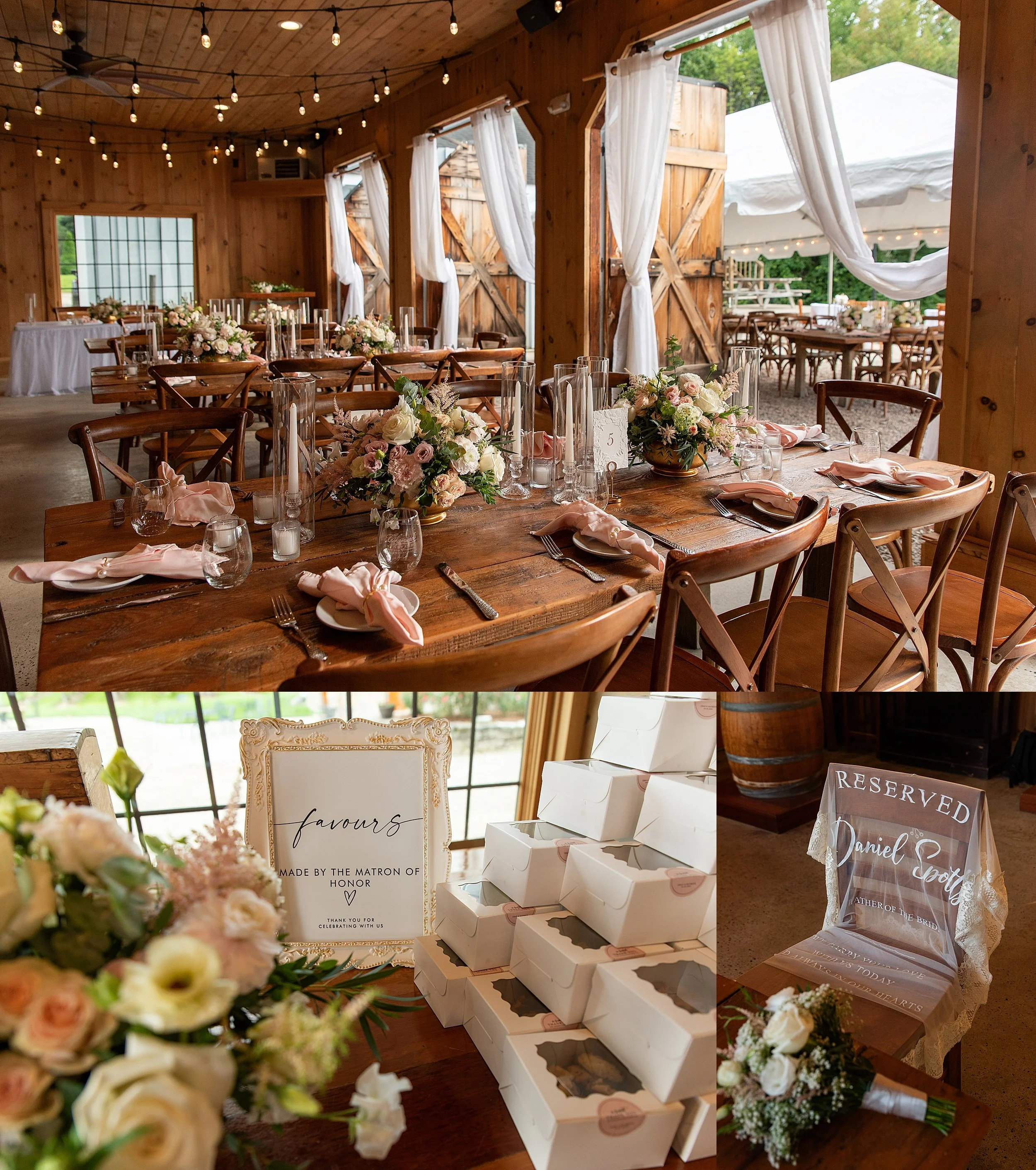Interior reception decor and table detail shots showcasing the rustic, European charm inside Chamard Vineyards.