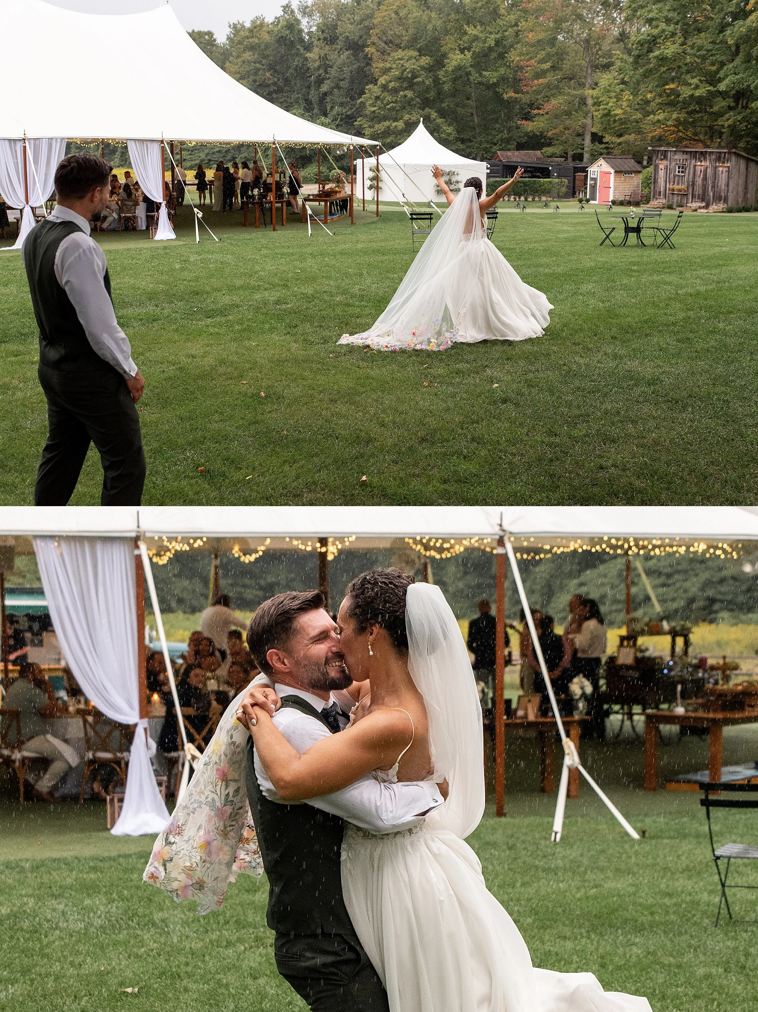 A romantic photo of a bride and groom dancing and kissing in the rain outside of their reception tent at night.
