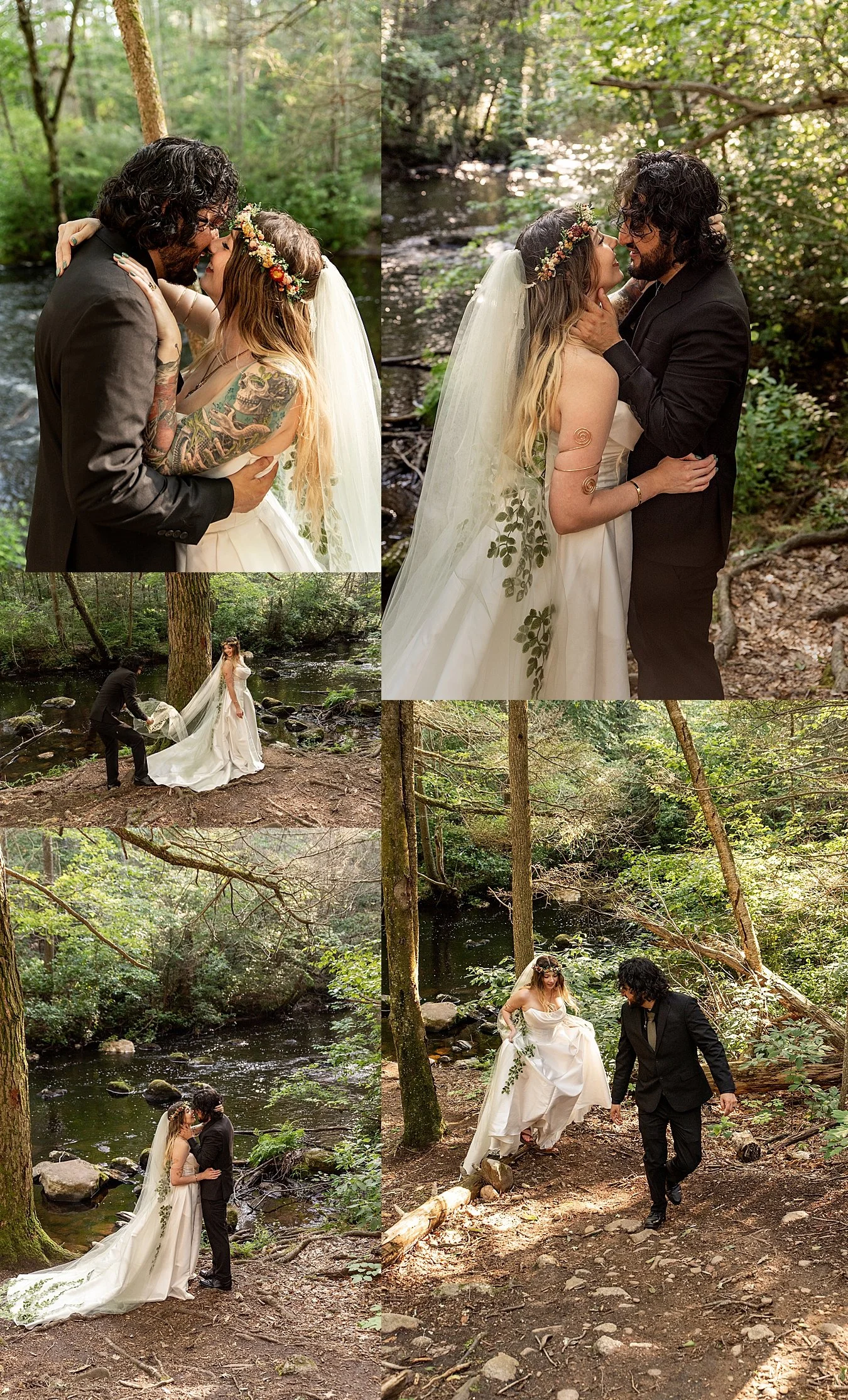 Cinematic wedding portraits utilizing dramatic golden hour light filtering through Connecticut tree branches.