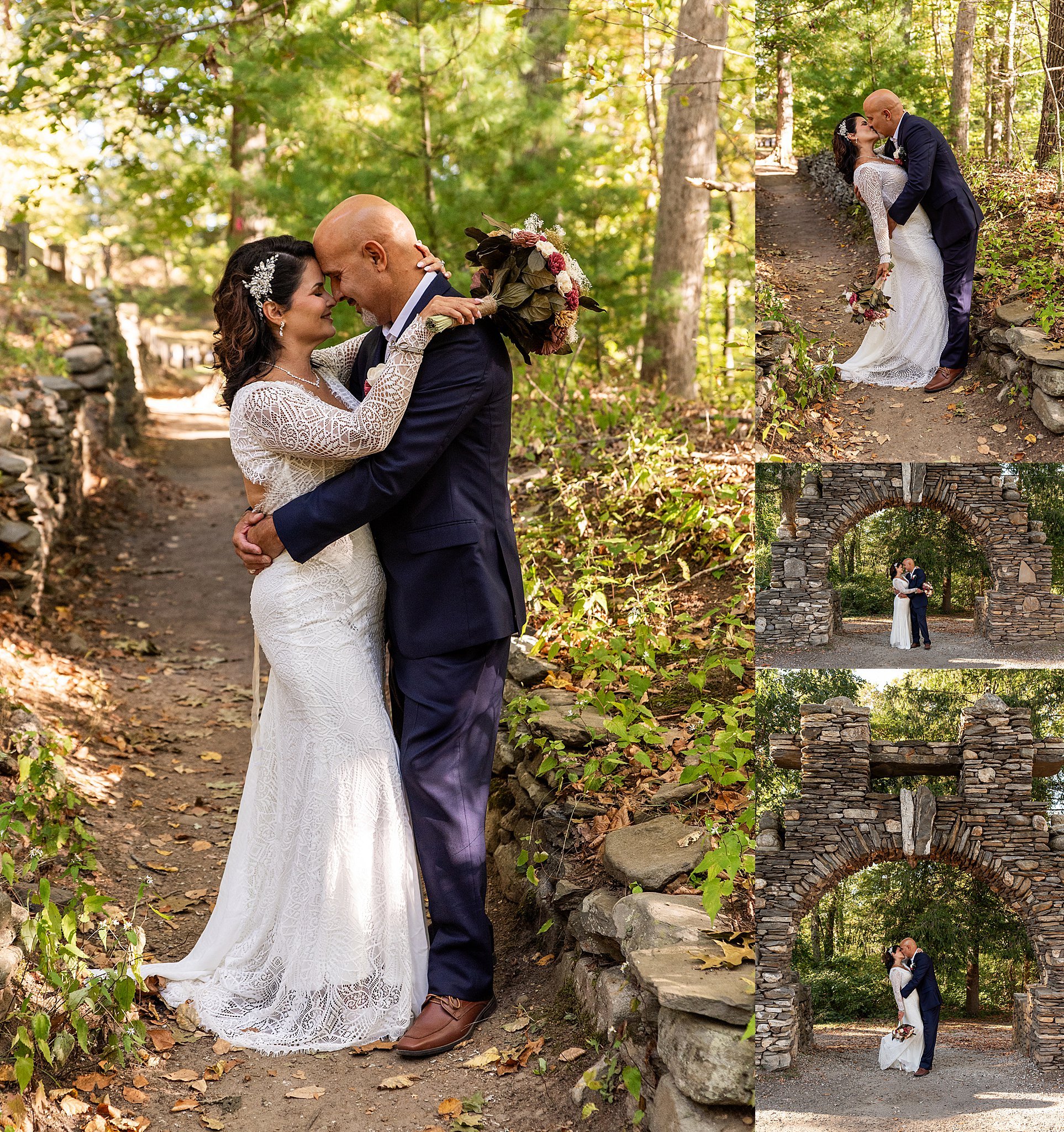 Bride and groom kiss in front of stone arch at Gillette Castle
