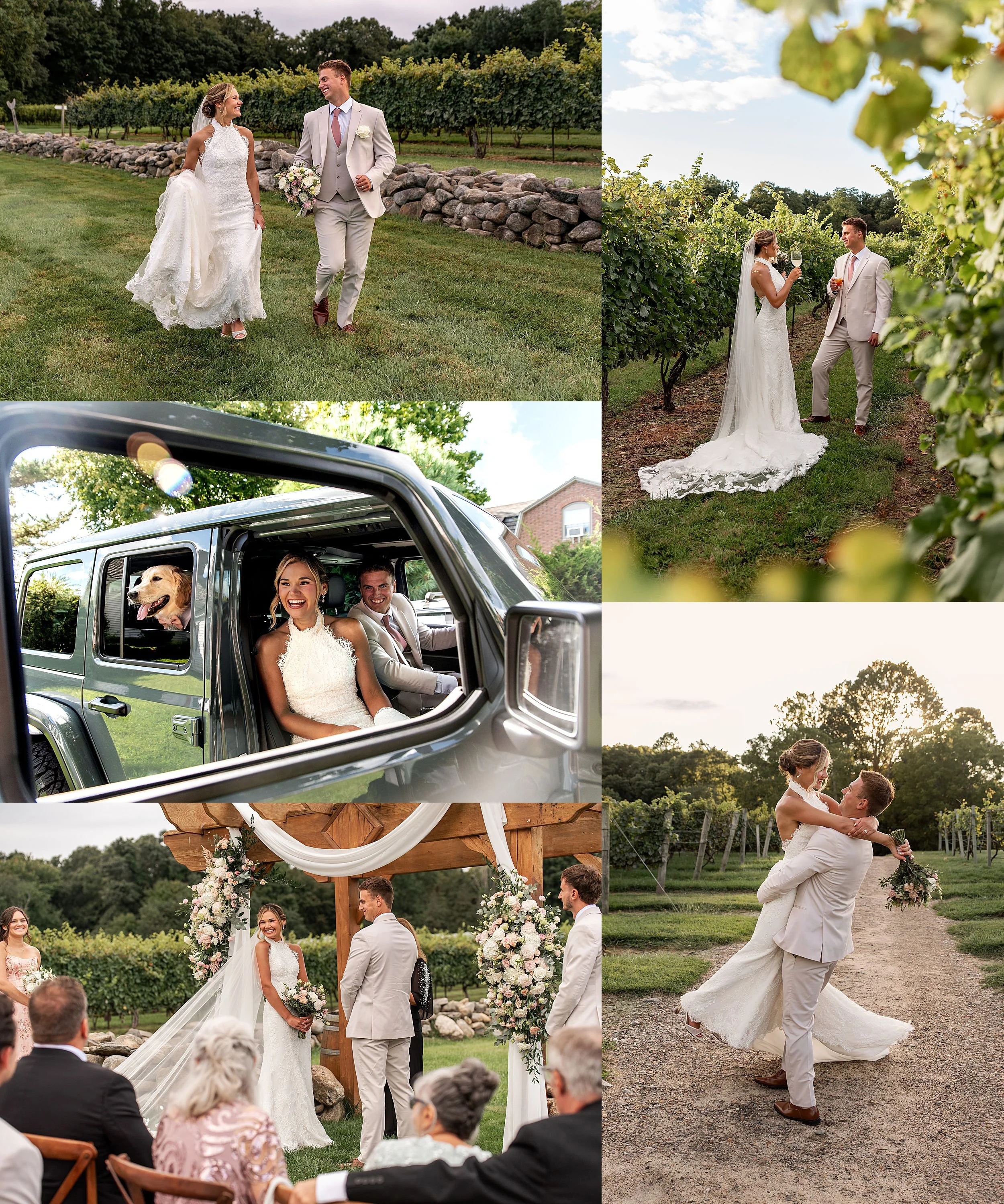 Connecticut documentary wedding photographer, Rebecca Lynne captures a series of photos of bride and groom on their wedding day running through vineyard, driving in their car with their dog and spinning in the warm glow of sunset