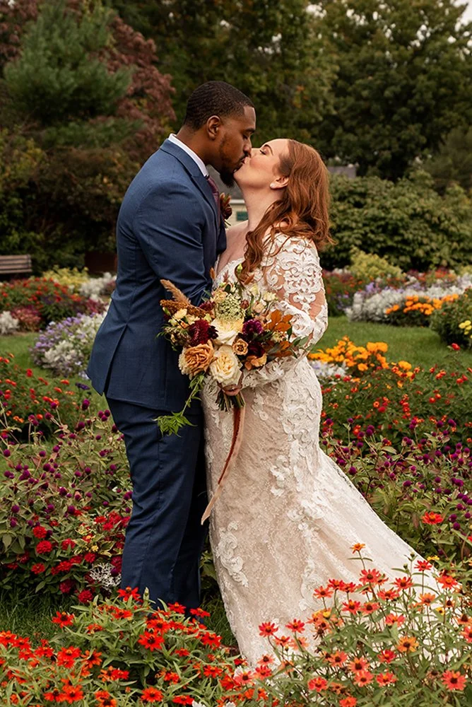 Wedding couple in garden of Connecticut park by wedding photographer CT