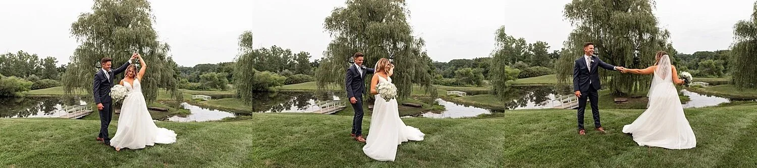bride and groom wedding portraits in front of willow trees at The Barns