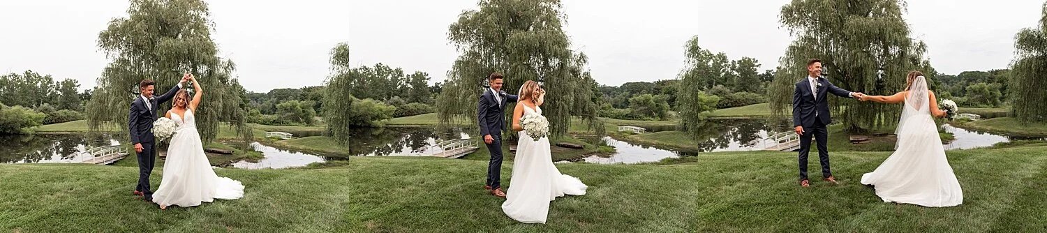 Bride and groom dancing in the grass at their Connecticut elopement