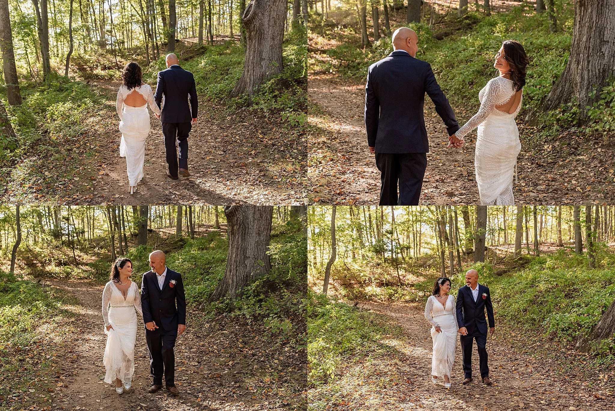 Couple laughs together on Gillette Castle hiking path elopement photography