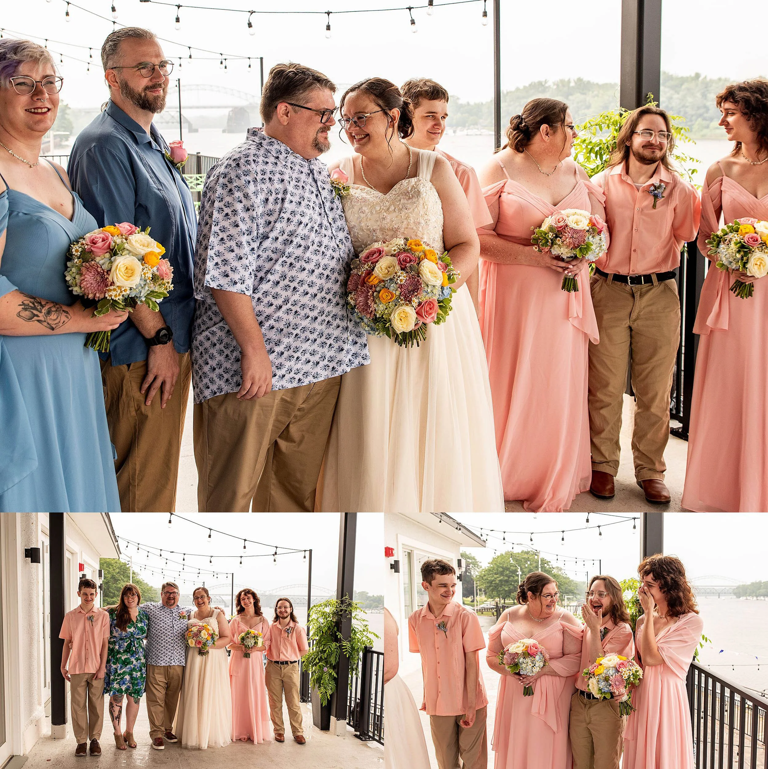candid wedding party photos along CT river