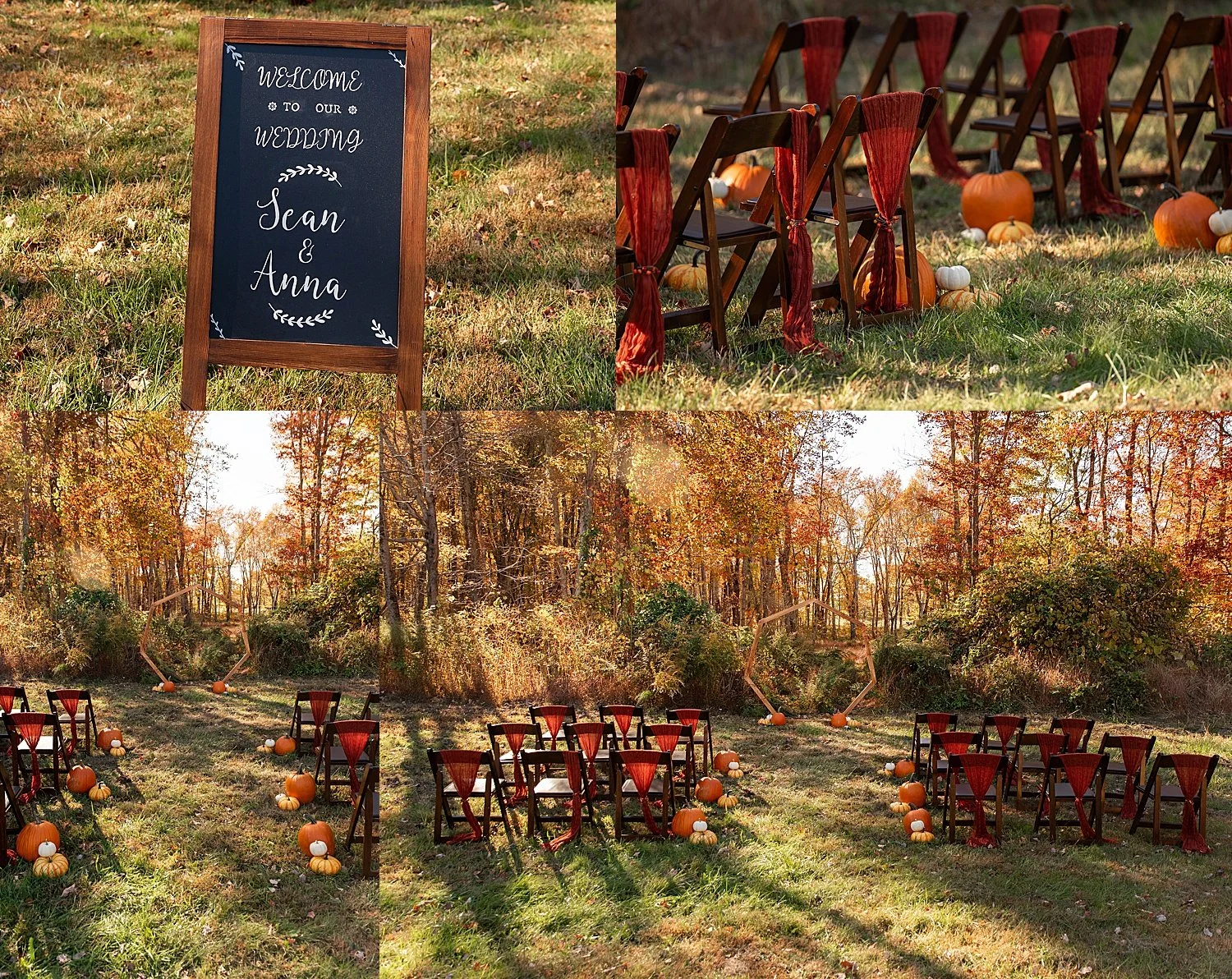 Fall wedding ceremony decor with deep maroon fabric and chairs with pumpkins lining the wedding isle