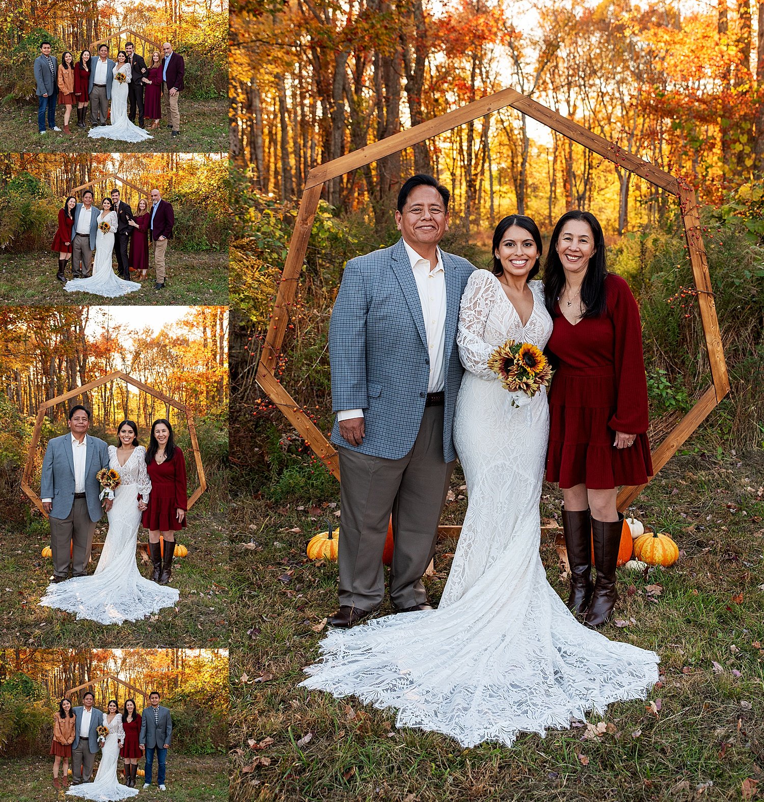 fun family portraits in front of ceremony arch
