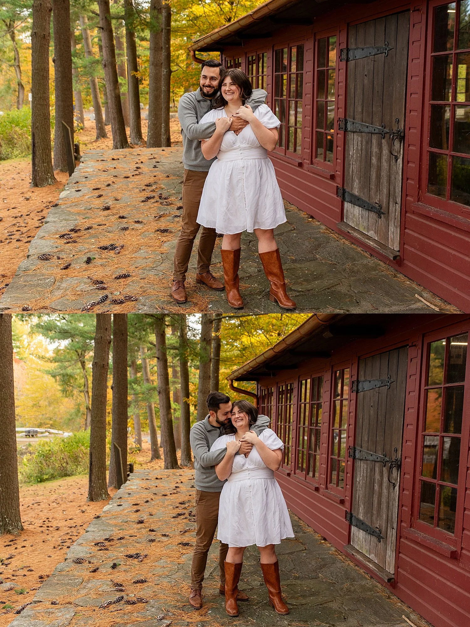 Couple laughing on forest trail Chatfield Hollow State Park engagement photography Killingworth