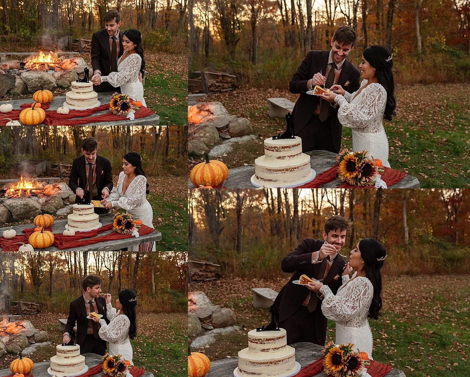 cake cutting in front of fire pit during CT micro wedding photography