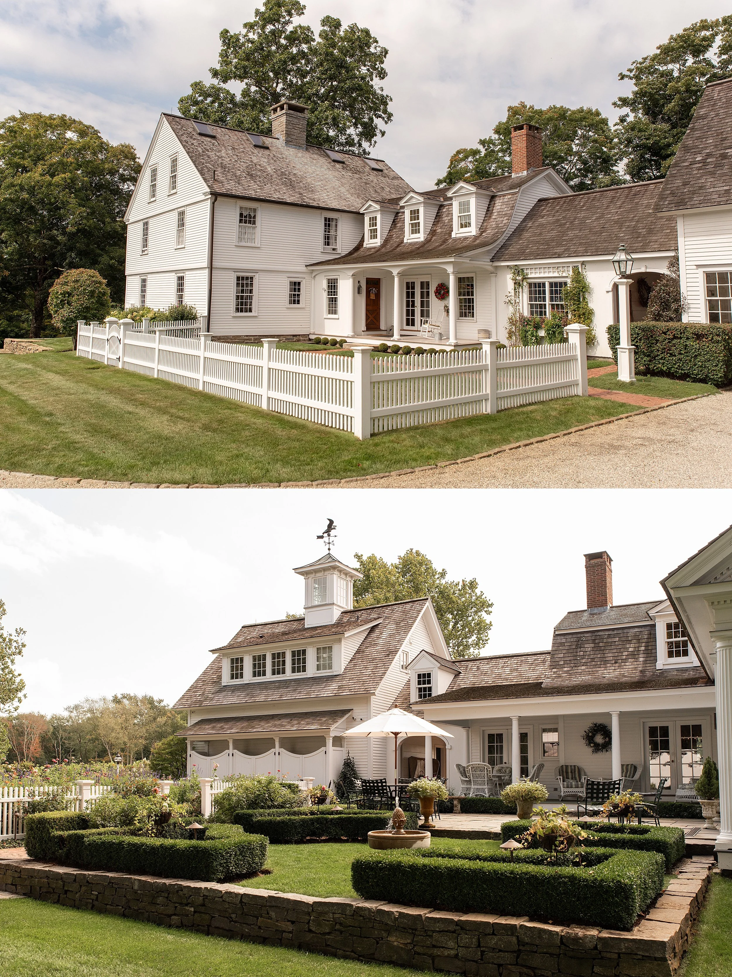 Exterior views of the front and back of the historic cottage and manicured garden area at Smith Farm Gardens in East Haddam CT.
