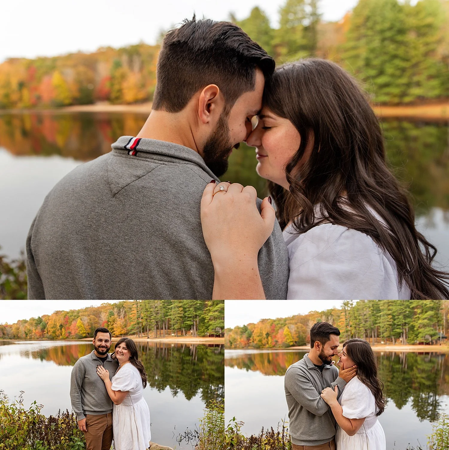 Couple embracing by Schreeder Pond at Chatfield Hollow State Park Killingworth Connecticut engagement session