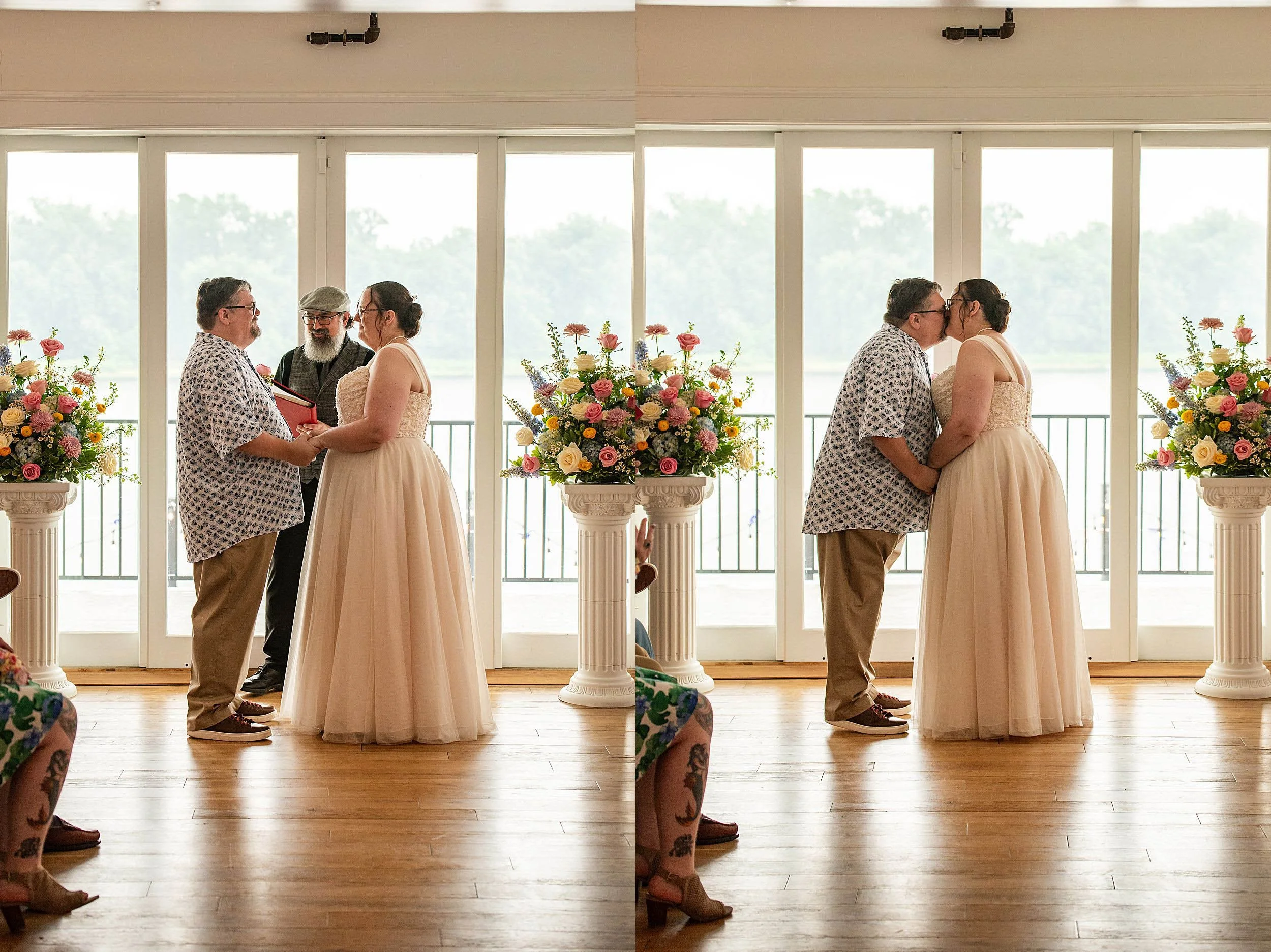 bride and groom share first kiss along Connecticut River