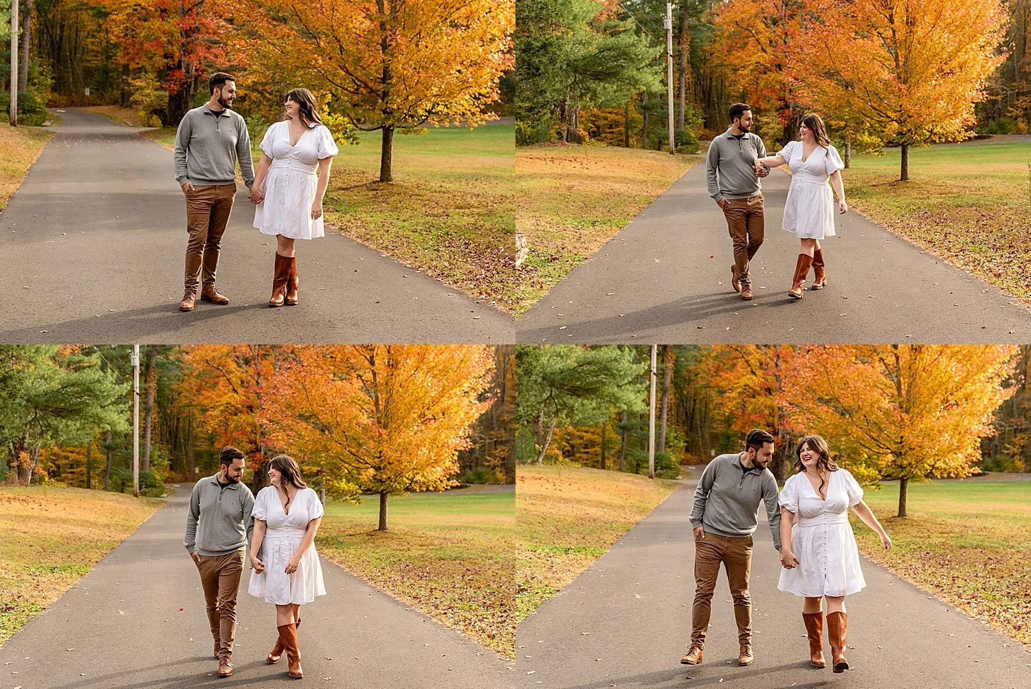 Sun shining through fall color leaves during connecticut engagement photography session