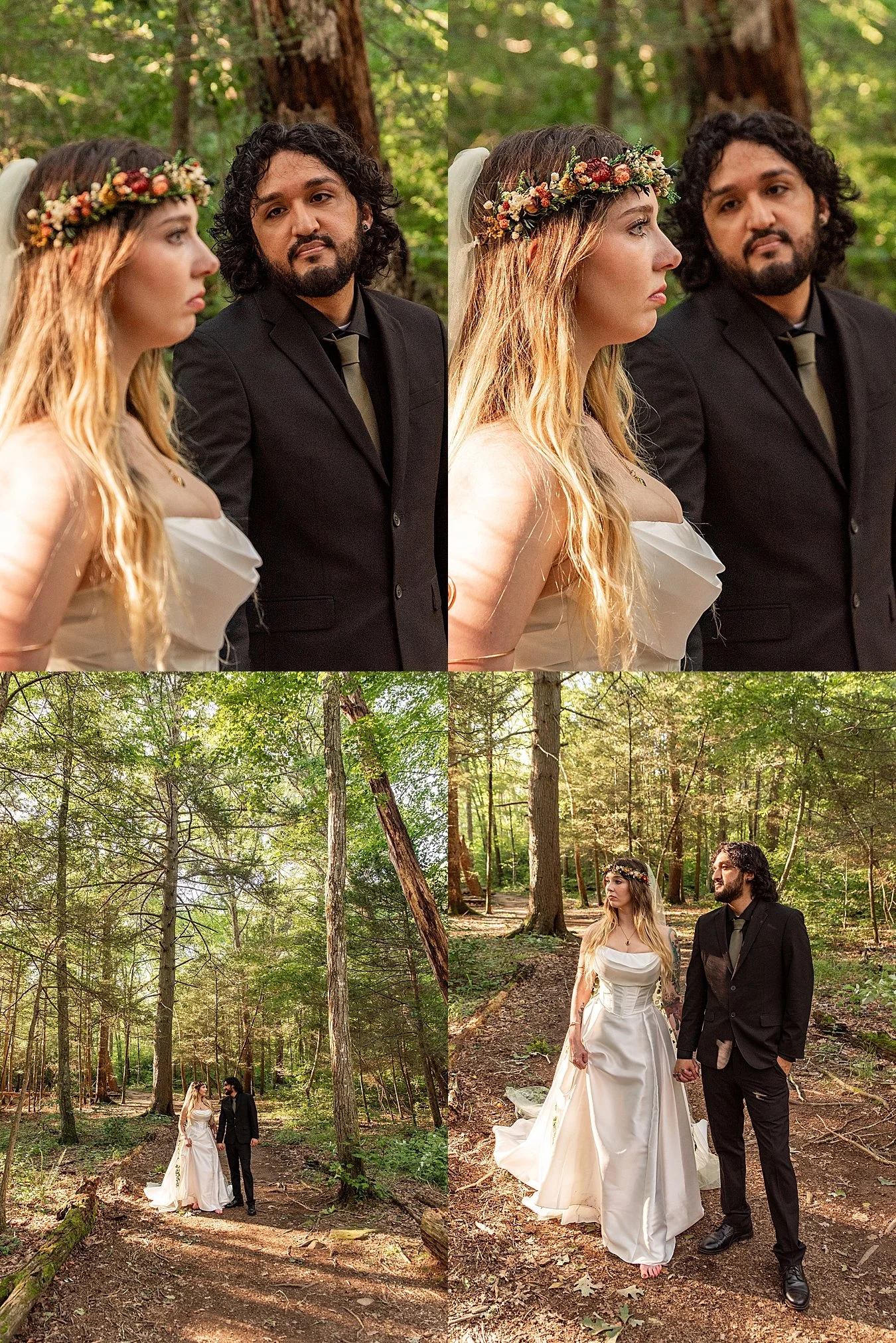 Hiking boots and wedding dress detail shot during an adventurous forest elopement in Connecticut.