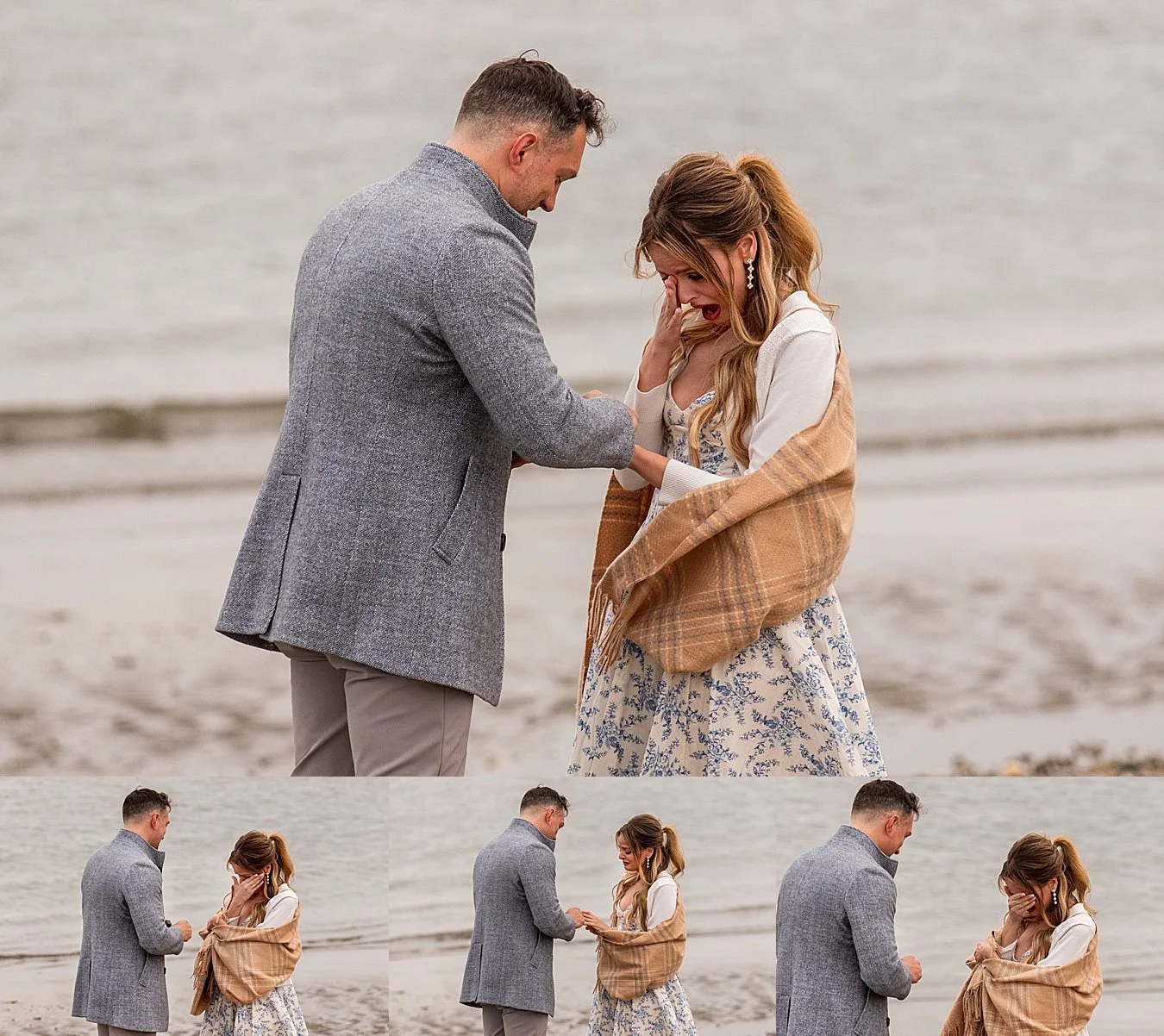 The emotional reaction of a woman during a surprise beach proposal in Milford.