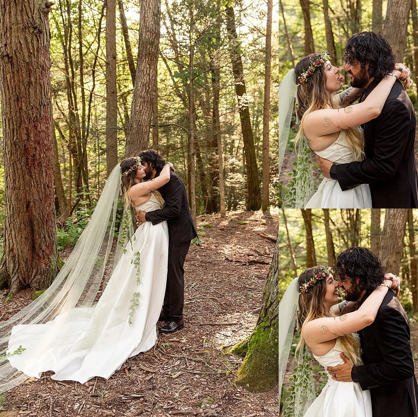 Authentic moment of an eloping couple laughing together on a mossy woodland trail in New England