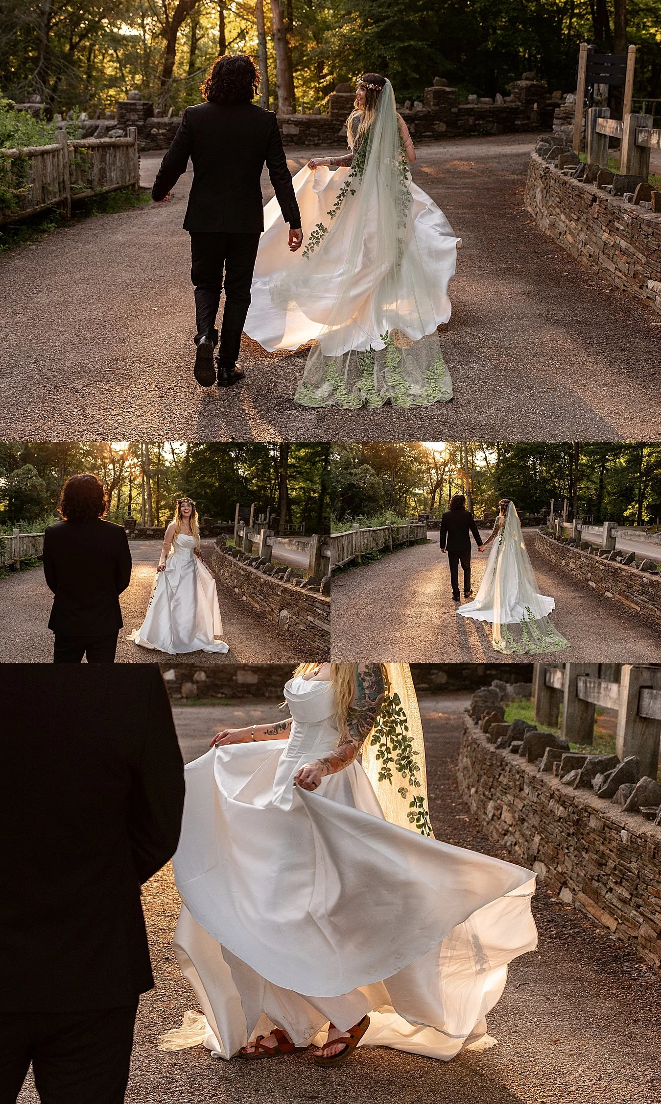bride dancing in the sunlight with golden lighting coming through wedding gown while groom watched on