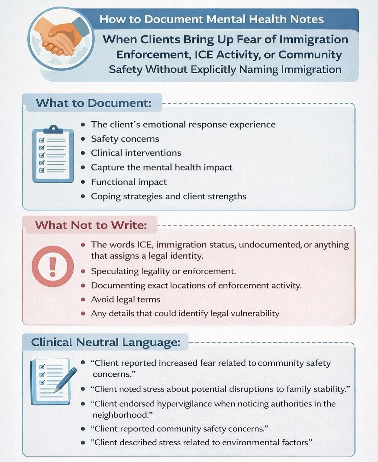 When clients share fears about safety, family stability, or community stress, neutral and thoughtful language protects them. Avoiding legally sensitive details is super important especially with everything going on 

#SocialWork #TherapistLife #Clini