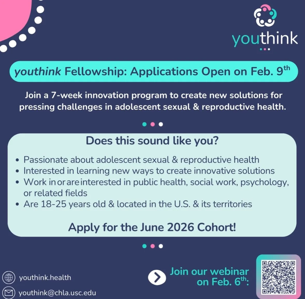 As a youthink National Advisory Board member, I&rsquo;m thrilled to share that applications for their new Adolescent Health Innovation Fellowship open on February 9th!
 
🌟 This 7‑week innovation program, powered by Children&rsquo;s Hospital Los Ange