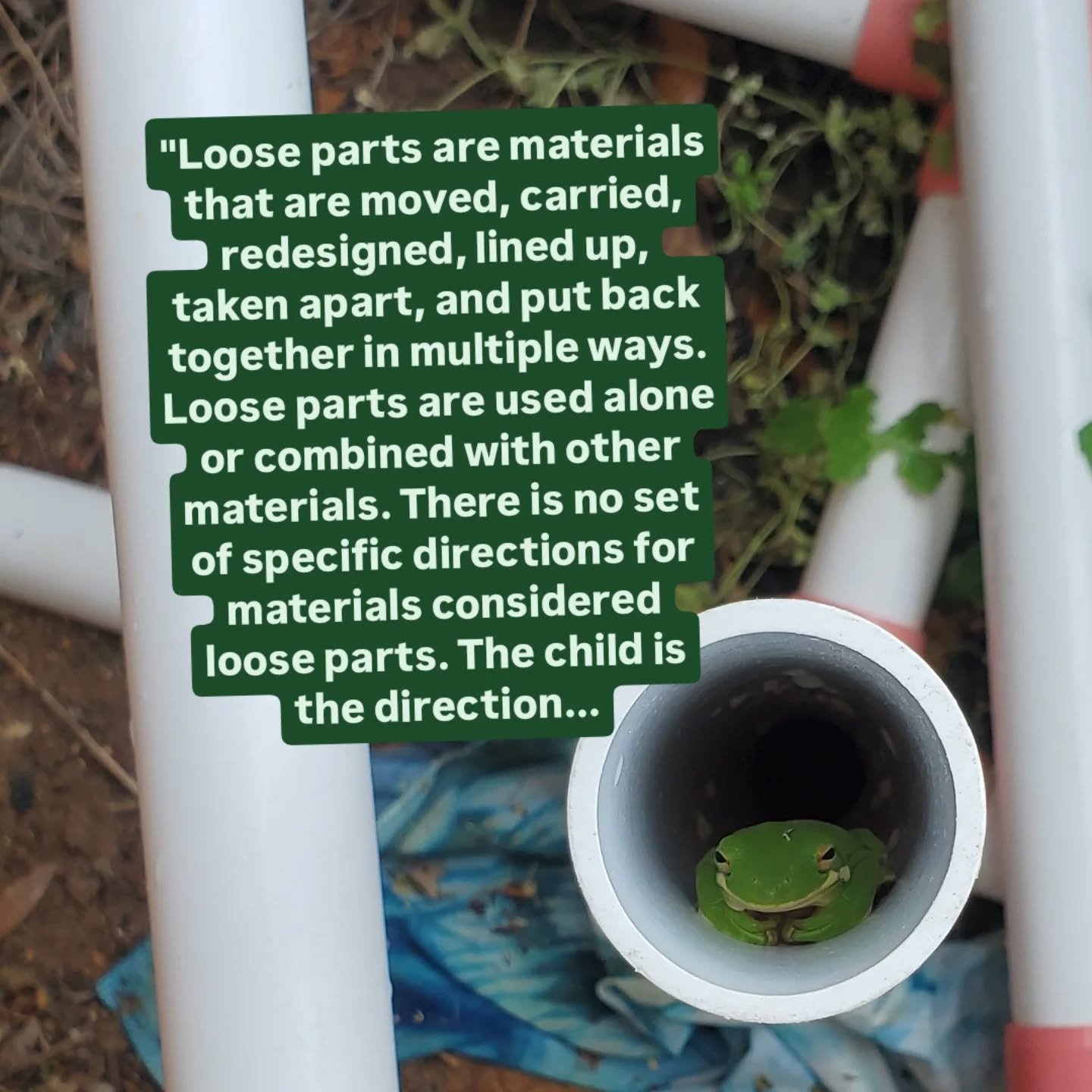 "Loose parts are materials that are moved, carried, redesigned, lined up, taken apart, and put back together in multiple ways. Loose parts are used alone or combined with other materials. There is no set of specific directions for materials cons
