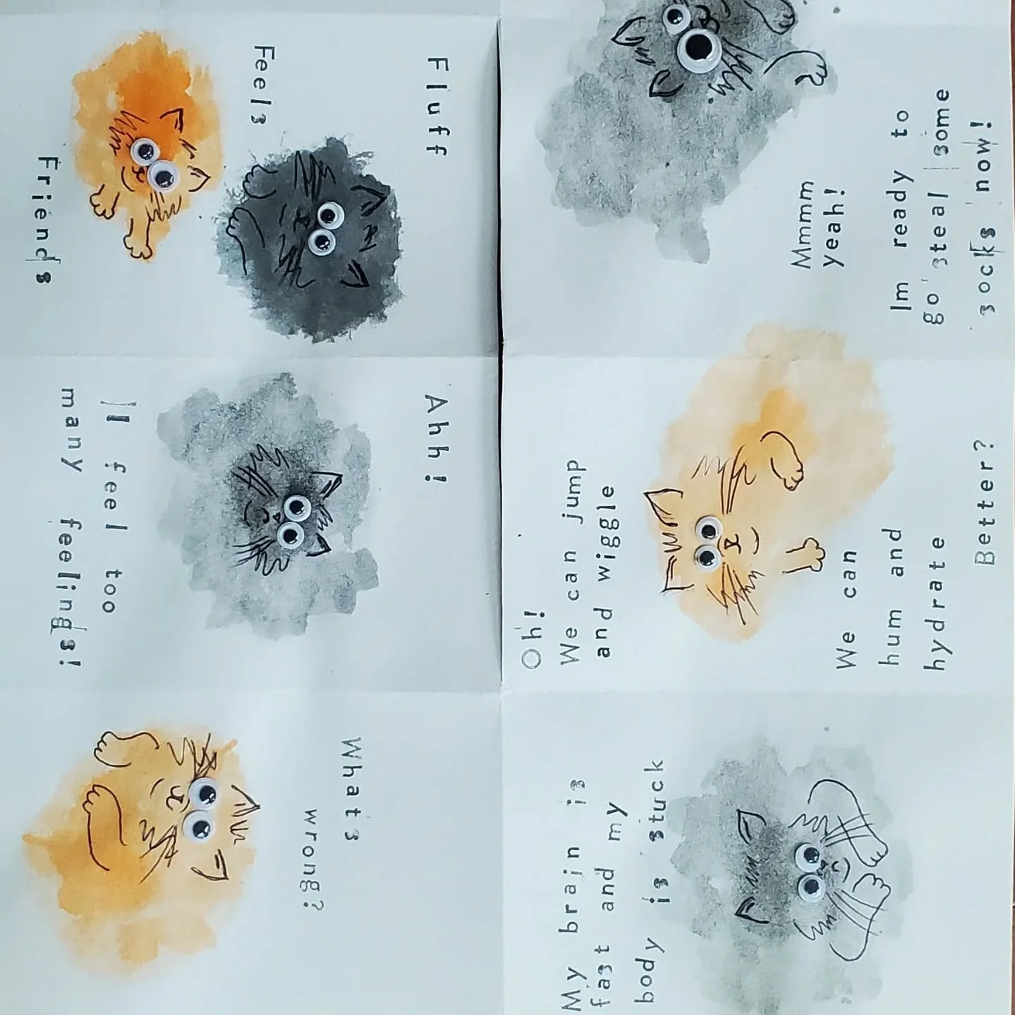 We're making zine fest plans for next month!
To googly-eye the cats or not to googly-eye the cats... That is the question 👀