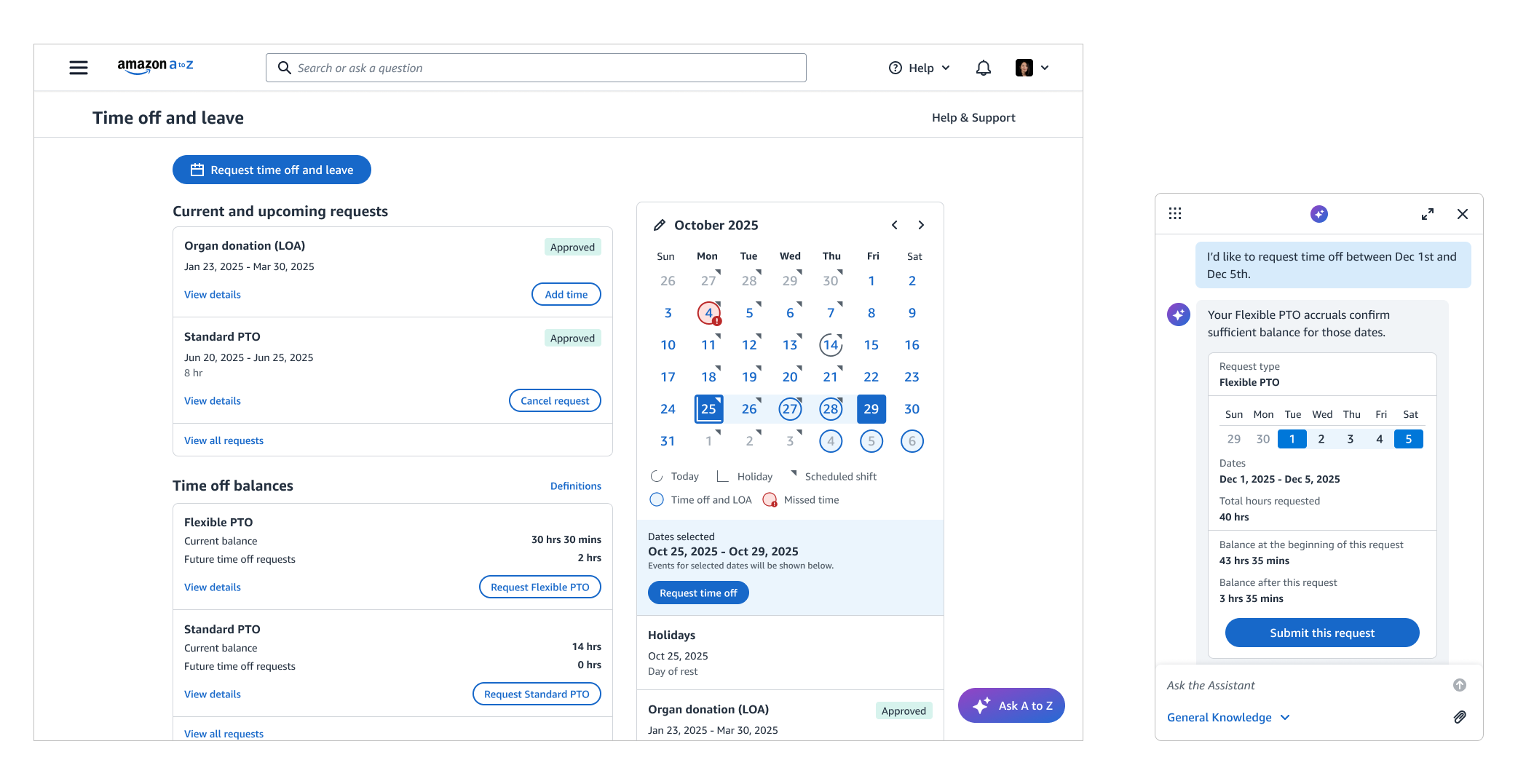 Screenshot of a computer screen showing an employee time off management webpage with leave requests and calendar highlights, and a chat window with a timing request conversation.