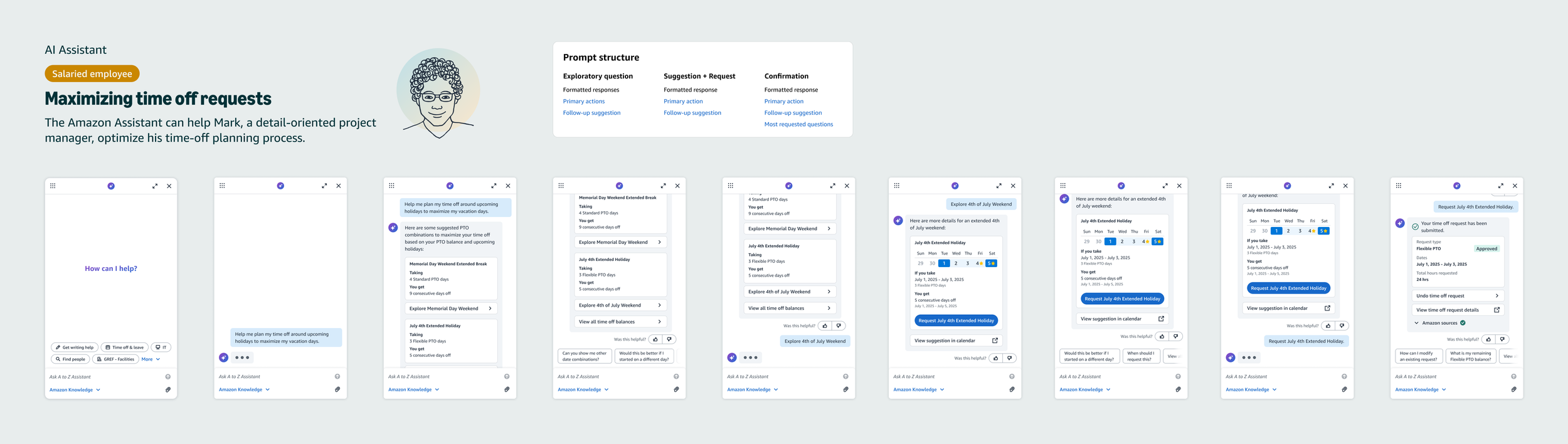 Screenshot of Amazon Alexa's guidance on maximizing time off requests, showing step-by-step instructions and example responses for handling leave requests.