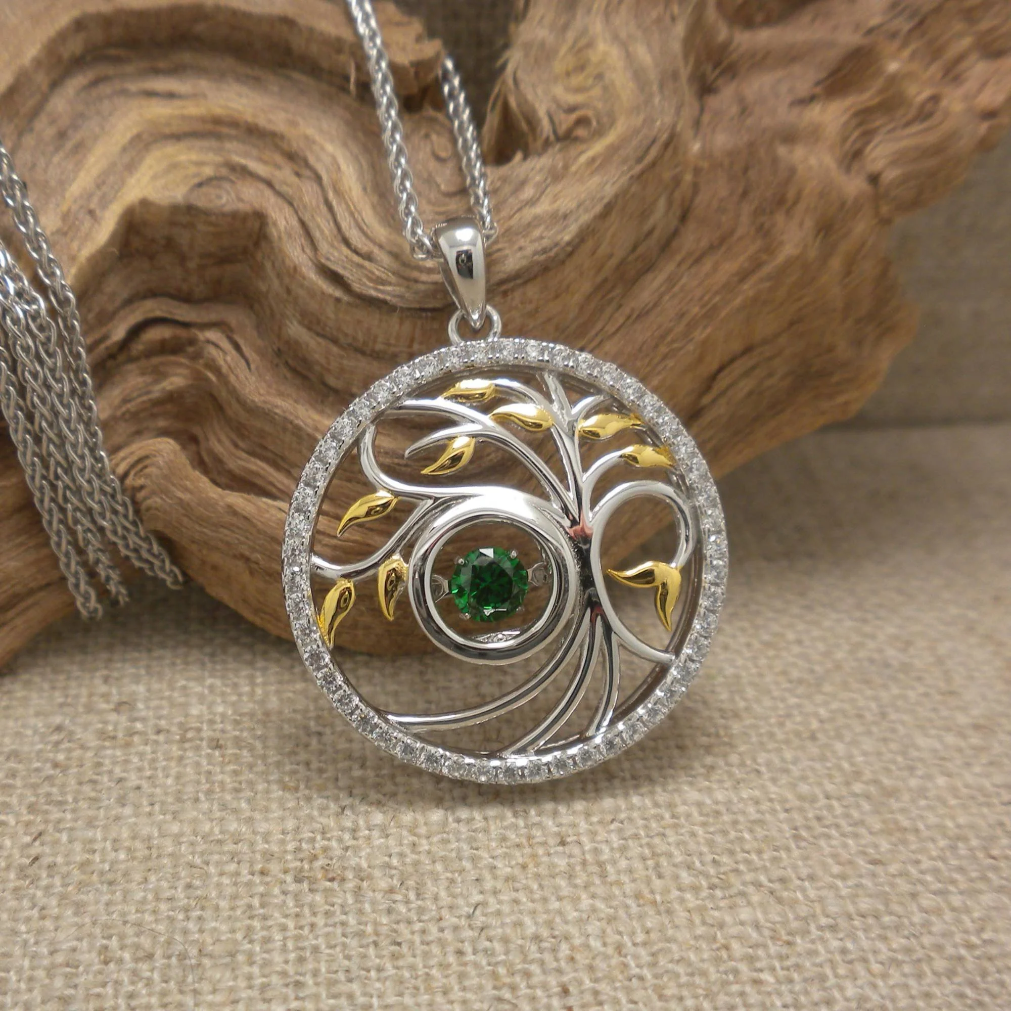 Sterling Silver Celtic Tree of Life Pendant with Green Dancing CZ Stone