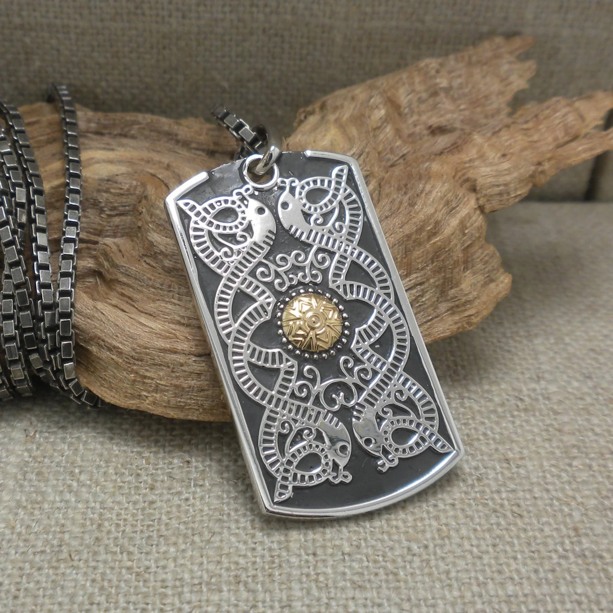 Celtic Warrior Shield Dog Tag Pendant with 18K Gold Bead