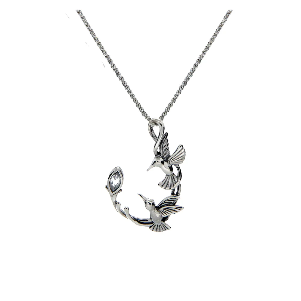 Double Hummingbird Pendant with White Topaz
