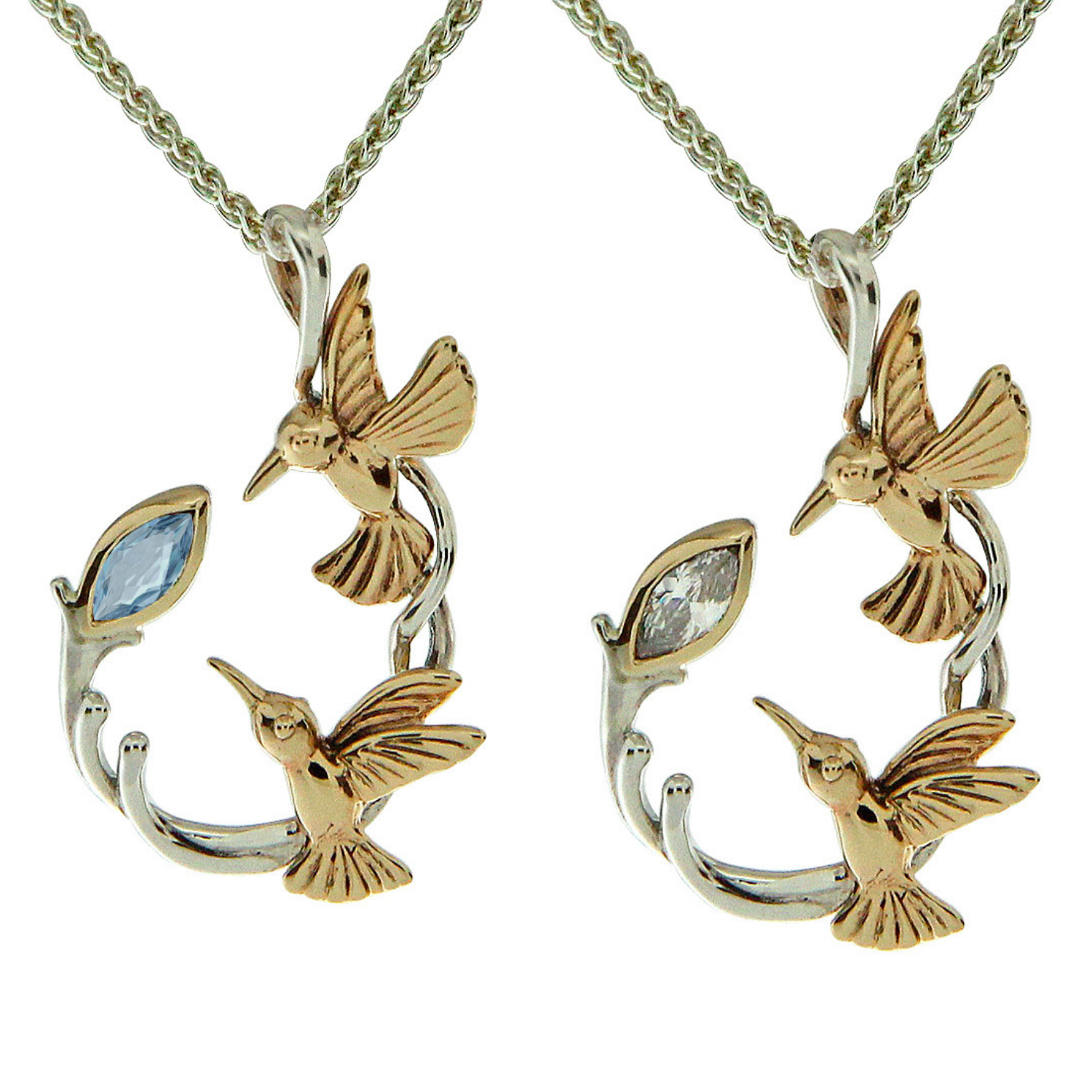Sterling and 10K Double Hummingbird Pendant with Blue Topaz or CZ