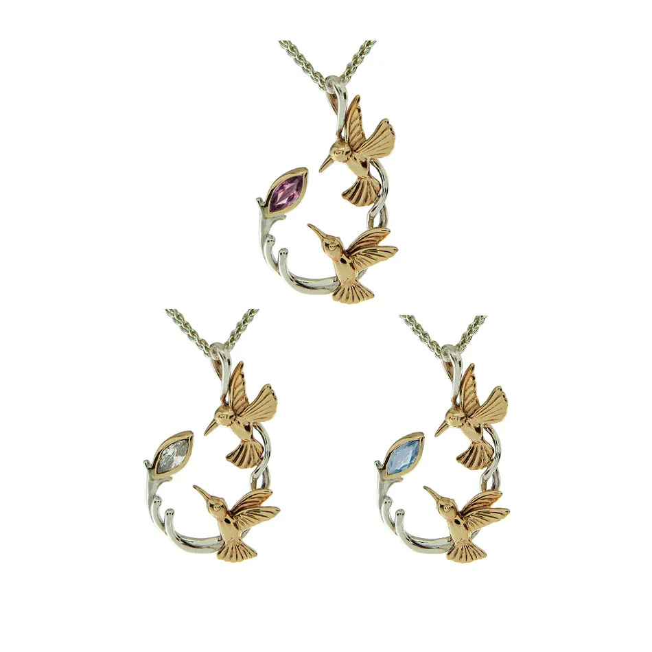 Sterling and 10K Double Hummingbird Pendant with Gem