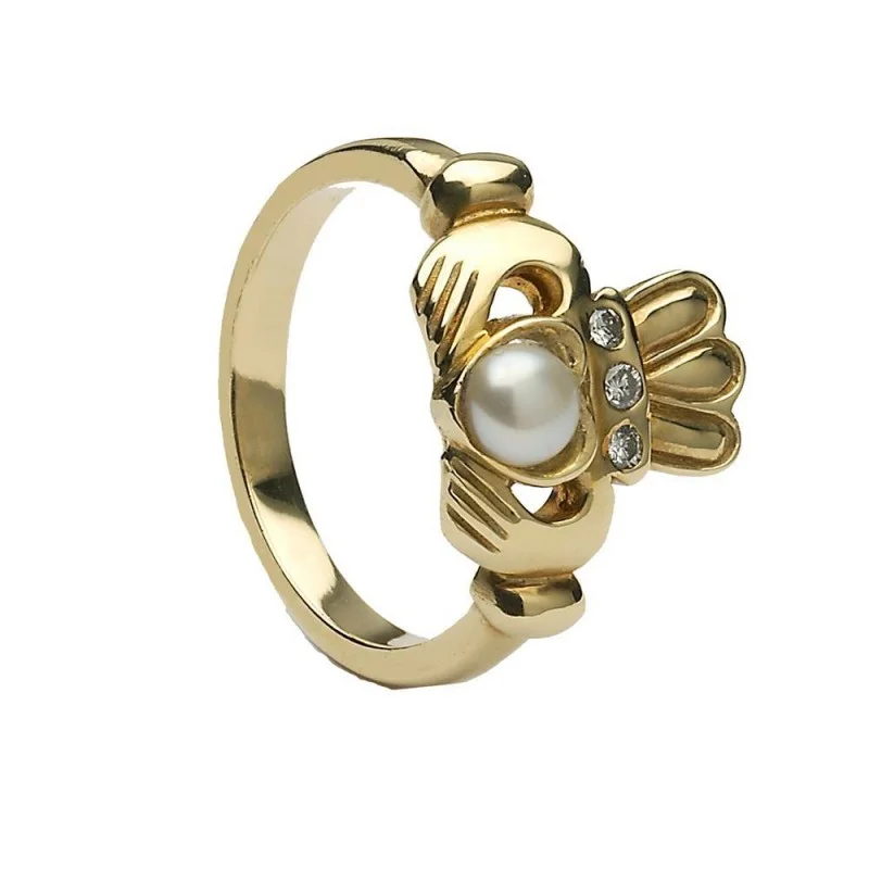 Pearl and Diamonds Antique Style Claddagh Ring