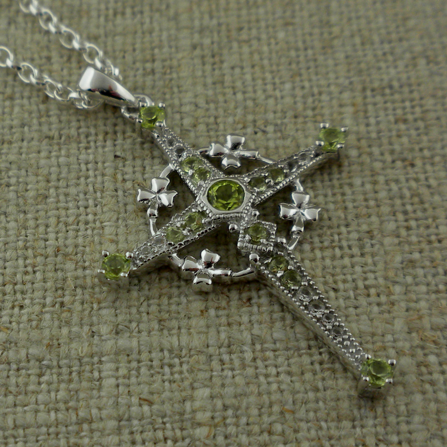 Sterling Silver Celtic Cross with Peridots &amp; Shamrocks