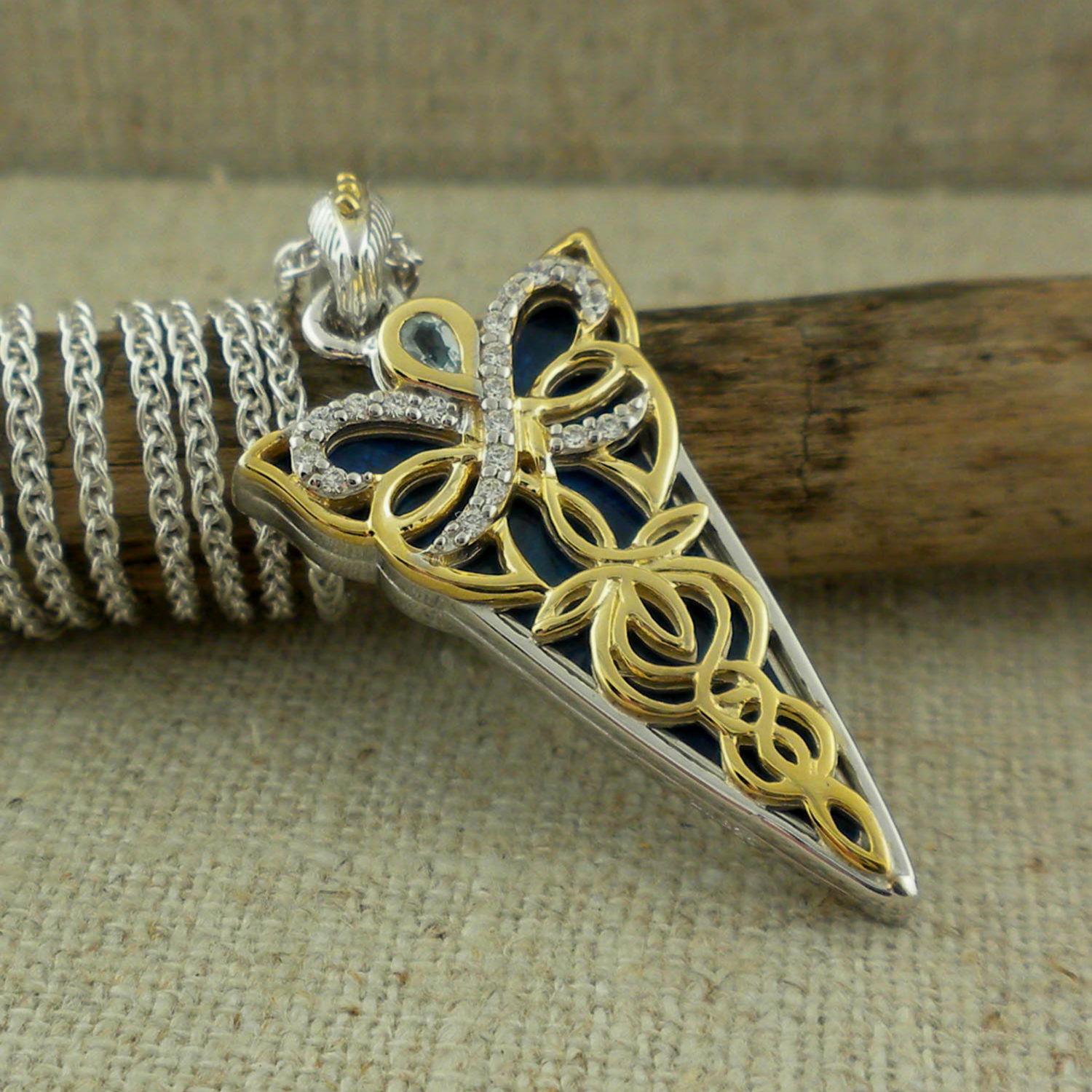Silver, Gold &amp; Sky Blue Celtic Butterfly Pendant